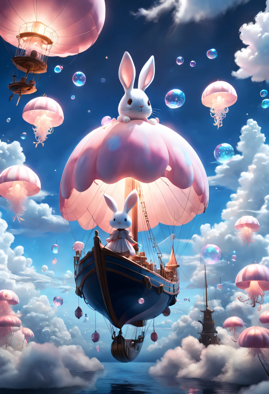 (Very unified cg scene design）,(character  design），(Suspended rabbit-shaped sailboat floats in the clouds），pink and blue，jellyfish，starlights，rosette，butterflys，，like a dream，mystical lighting，4k detail，Dramatic light and shadow，like a dream，Beautiful lighting by Yoshitaka Amano at Studio Ghibli，3 Rendering，c4d，Fantasyart，mirai，Cartoonish，