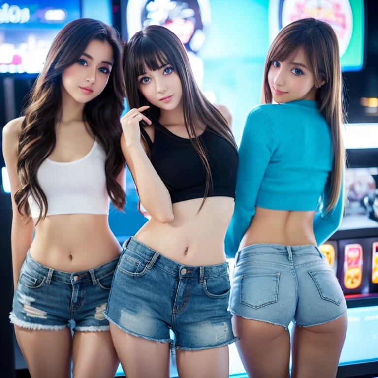 Stunning Sweet Cuties. photorealistic girl, eyes, blue eyes, skinny, girl, mini shorts, real Beautiful face, playing full body standing, with friend, sexy, egirl, gameroom, in ass