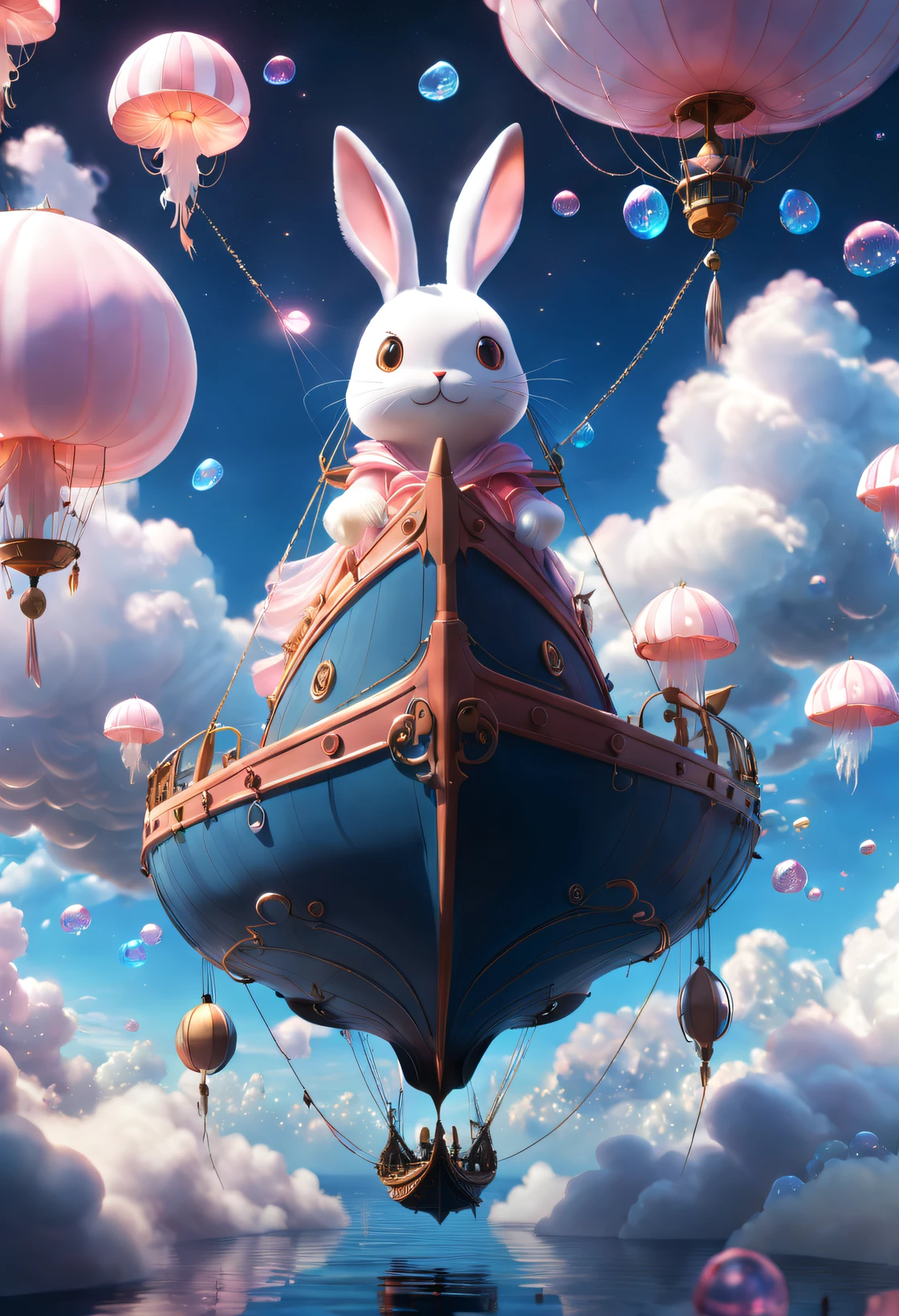 (Very unified cg scene design）,(character  design），(Suspended rabbit-shaped sailboat floats in the clouds），pink and blue，jellyfish，starlights，rosette，butterflys，，like a dream，mystical lighting，4k detail，Dramatic light and shadow，like a dream，Beautiful lighting by Yoshitaka Amano at Studio Ghibli，3 Rendering，c4d，Fantasyart，mirai，Cartoonish，