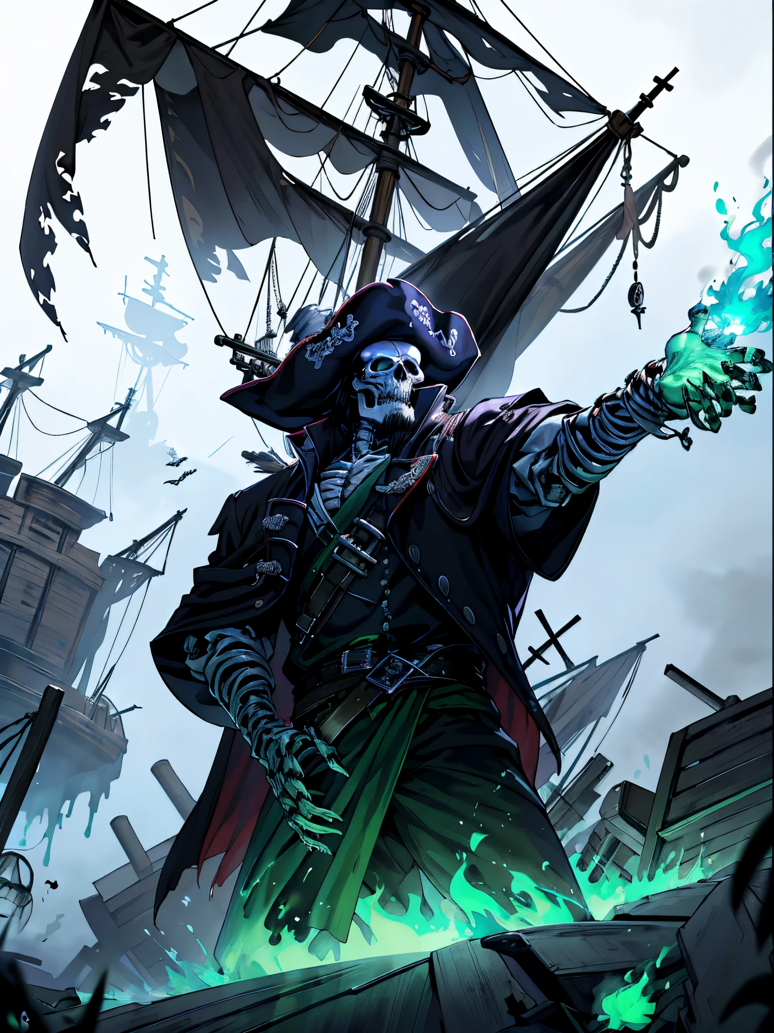 skeleton pirate,Pirate hat,hand-holding(Green Flame Sword),The background is a ghost ship,storming,Sense of oppression
