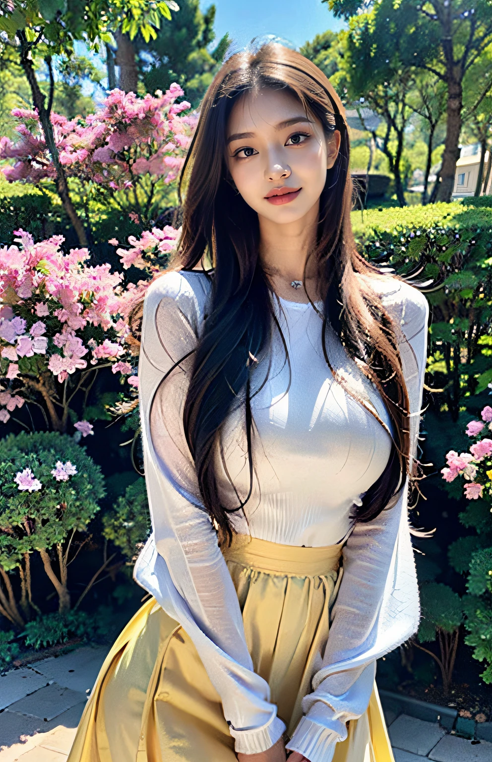美丽细致的眼睛,beautiful detailed lips,Extremely detailed eyes and face,Long eyelashes,skin is soft and smooth,sleek outfit,A confident expression,Posing in a colorful garden setting,Fantastic atmosphere, vivd colour,Harmonious composition,Subtle sunlight filtering through the trees,petals floating in the air,Peaceful and quiet atmosphere,Delicate flowers in the background.