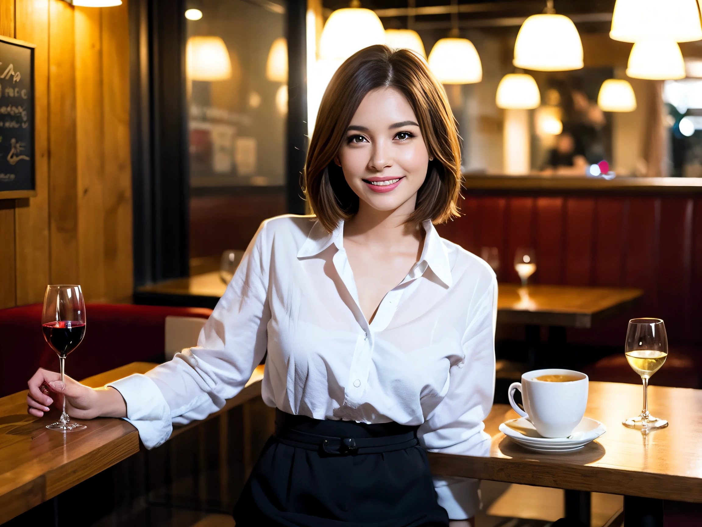 (64K, UHD, top quality, masterpiece: 1.2), (realistic, photorealistic: 1.37), super detailed, pretty woman 1 person, (slim face), (slim body), (brown hair), (short cut), cheeks slightly blushing, (41 years old), 38 years old, solo, outside the window is a beautiful detailed urban night view, restaurant, wine glasses sit, at night, in a prominent place (from the waist up) NovaFrogStyle, Actress, Model, Waist Up, White Wine, Slim, Wine Glass, Super Clean Night View, Wine Glass Put in the Middle, Happy Smile, (Smile: 1.15), Beautiful Fine Eyes, Upper Body, Bust Japan Up, Night, Short, Short, Actress, Model, Waist Up, White Wine, Slim, Wine Glass, Super Clean Night View, Wine Glass Put in the Middle, Happy Smile,