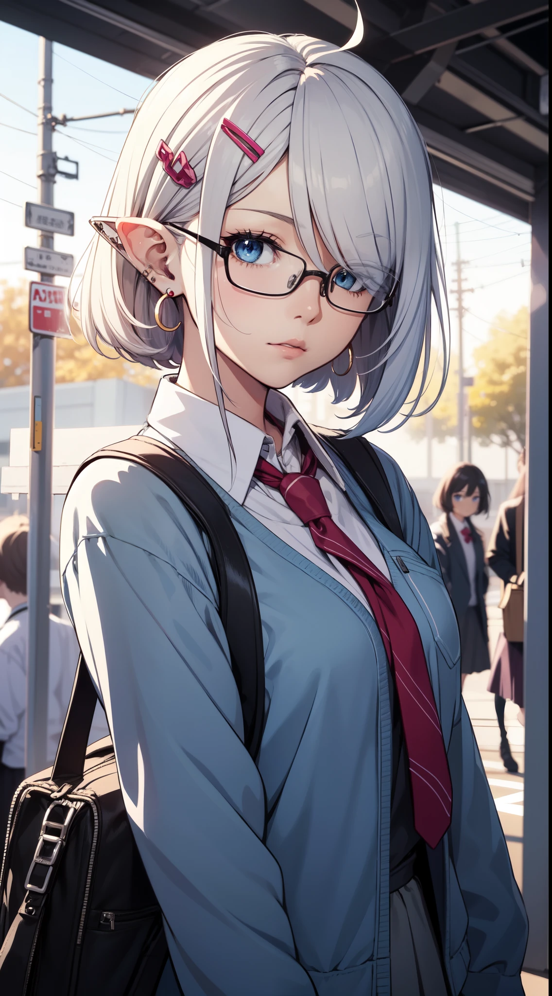 God quality, anime moe artstyle, badass anime 8k,perfect ???????, (Please draw a elf girl walking sleepily to school. ),break, elf, 1girl, a high school student, white hair, ahoge, {{Messy hair}}, Bob cut hair, parted bangs,(hair over one eye), Full limbs, complete fingers, medium breasts, glasses, finely detailed beautiful blue eyes, hairclip, light pink lips, school Uniform, Various accessories, (ear piercing),  in the School commute route, break,ultra-detailed, high resolution,super detailed skin, professional lighting, Cinematic lighting, (cute illustration:1.2), (depth of field:1.2), (blurry background:1.2), art style by Artgerm, by nine_(liuyuhao1992), by Yusuke Murata,