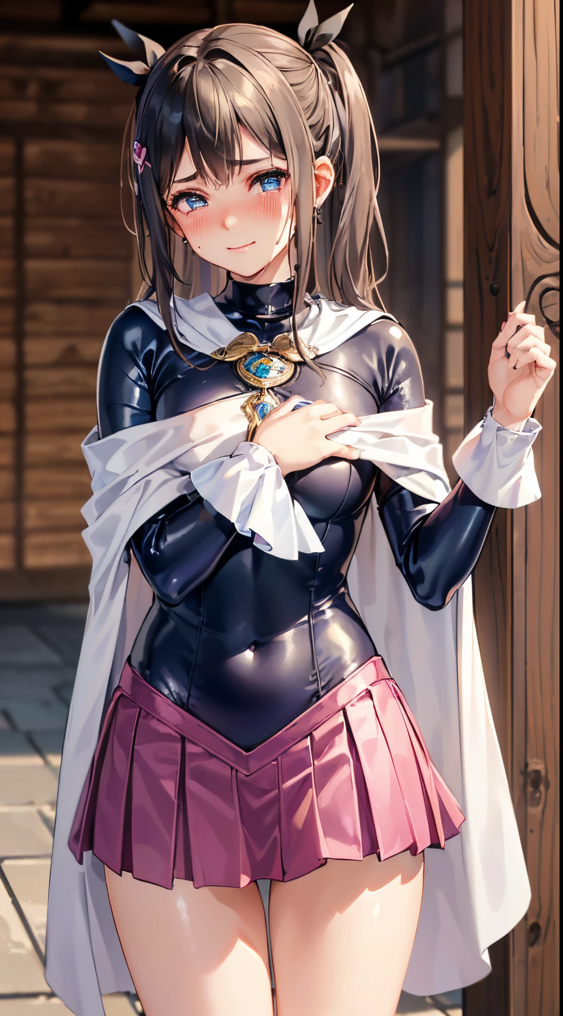 One lady,ar old, ,(((blushed face))), (()), (())((I'm opening my mouth)),((micro skirt, bodysuit and short cloak))(A smile),Wet with sweat,(A dark-haired,),((Street,natta))((Clothes are torn))