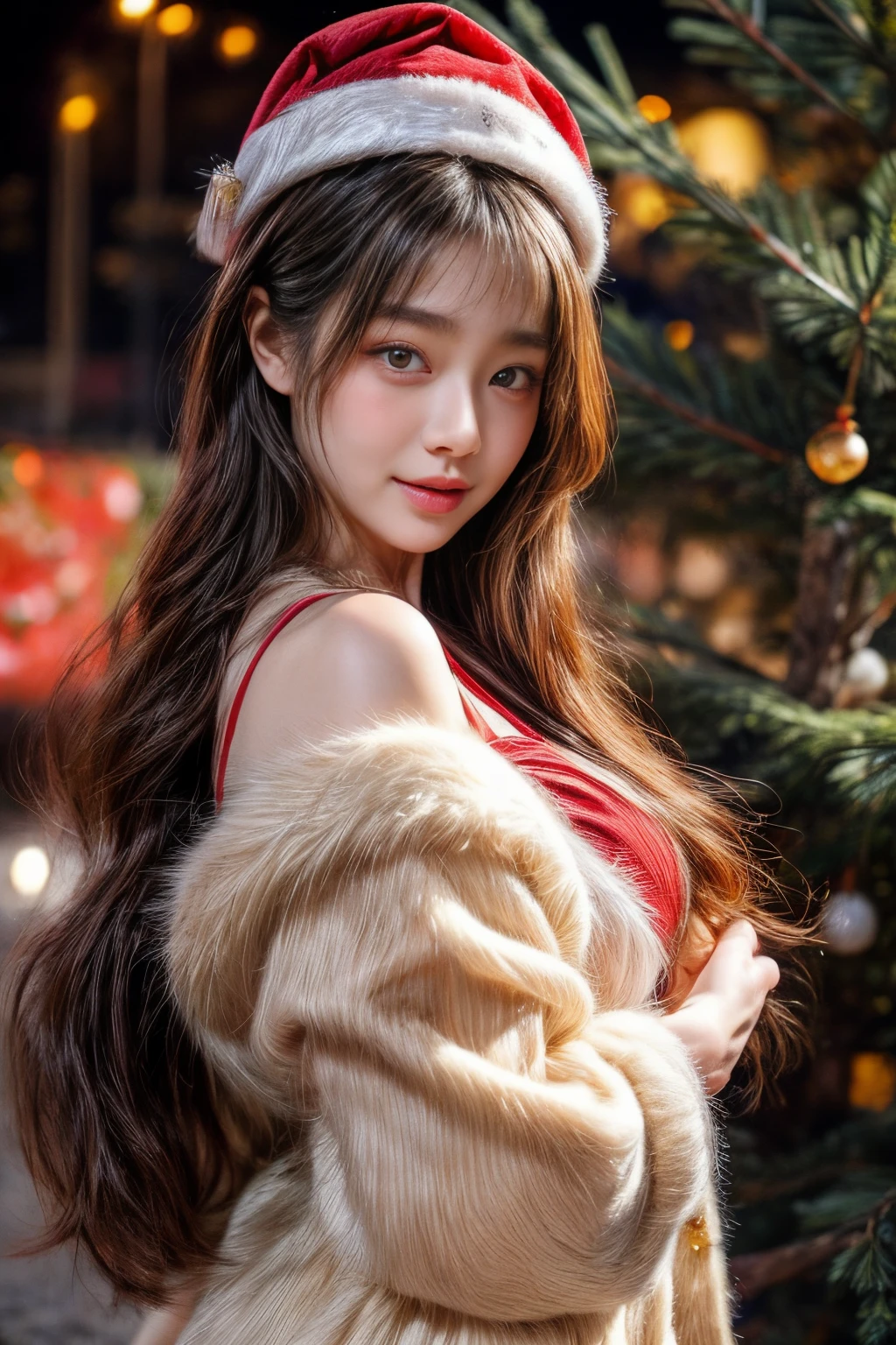 ​masterpiece、8K、32K、top-quality、(A detailed eye)、(A cute Japanese woman、bangss)、23years old、1 girl in、elegent、(Detailed background depiction、portlate:1.2)、(Christmas tree:1.3)、natta、yuki、snowfall(Santa Claus Costume:1.2)、(illuminations:1.3)、red face smile、