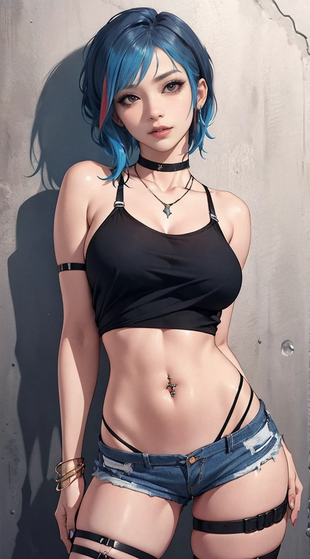 Chloe price, masterpiece, bestquality, 1girls, oversized breasts, bara, crop top, shorts jeans, choker, (visible thong straps:1.5), color splashes, arm behind back, against wall, looking at the audience, bracelet, Thigh strap, Paint on the body......................................., Head tilt, bored, (dark blue hair with black roots), water eyes, detailed eye makeup, shiny skin, navel piercing