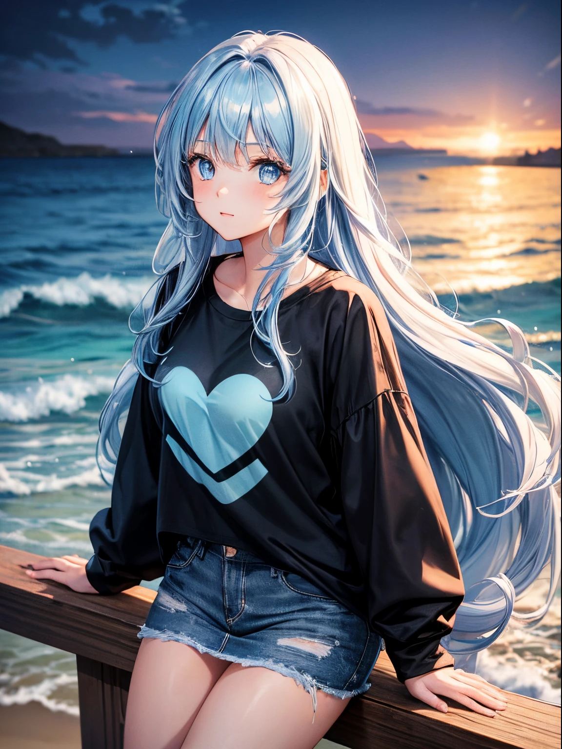 A beautiful girl with long wavy ocean blue hair, side-swept bangs, blue eyes, light skin, wearing a black long-sleeved t-shirt with a white heart shape on it, denim skirt, at the beach, night time.