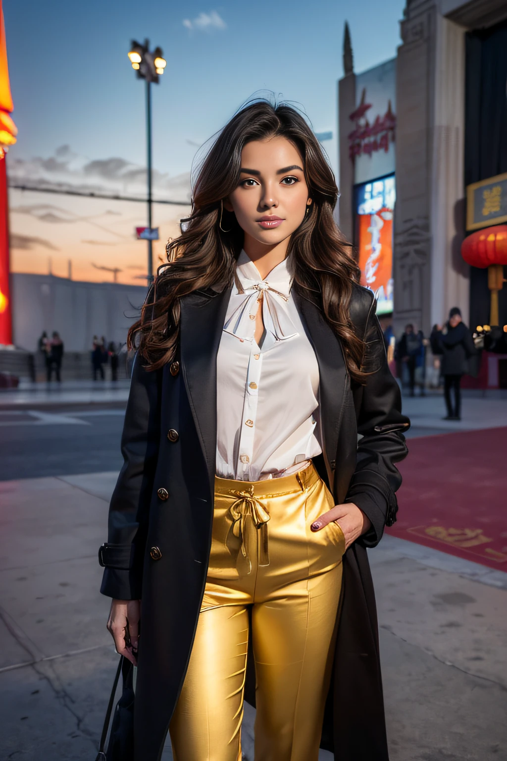 (Best quality, Ultra-detailed, Golden ratio, Masterpiece: 1.1), Photorealistic image, Riina, AI avatar, Chanel suit, Chanel bag, streets of New York, urban landscape, intricate details, (high-end fashion: 1.2), (elegant, sophisticated: 1.1), (realistic textures: 1.3), (reflective surfaces: 1.5), (high-definition: 1.4), New York City backdrop, towering buildings, busy crowds, street vendors, vibrant colors, city lights, (foggy, rainy: 0.8), (cinematic,