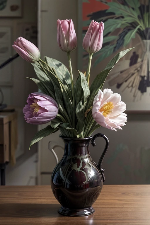 Camouflage pattern background、tulip flowers in vase,Andy Warhol