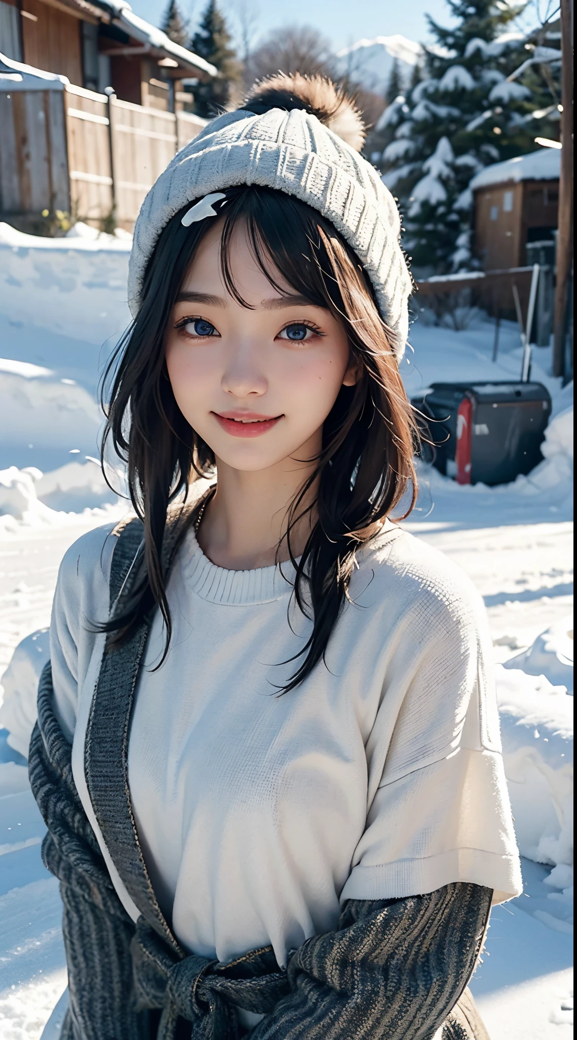 Beautie、8K、An ultra-high picture quality、japanes、1 woman around 20 years old、Black hair、short-cut、blue eyess、Beautiful face、A detailed face、Detailed eyes、realisticeyes、Detailed skin、realskin、Detailed hair strands、dishevled hair、disheveled hair、Slim body、Beautiful body、Nice style、middlebreasts、Soft looking、snowboard air、knit hat、inclined plane、((Hollow smile))、