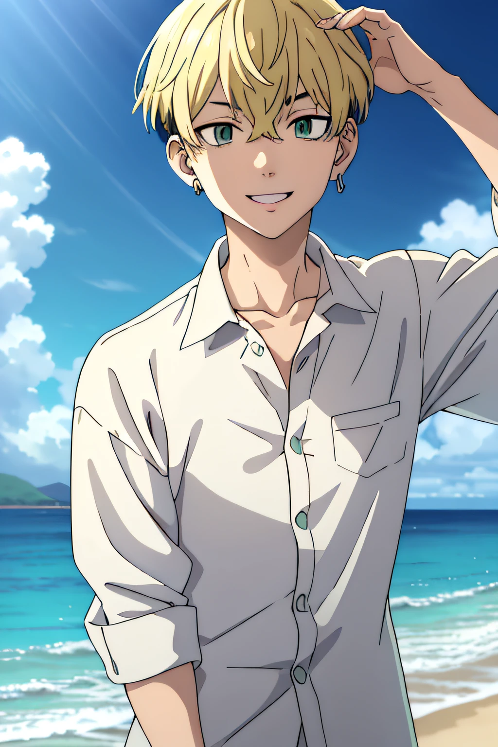 masutepiece, Best Quality, High quality, 1boy, Solo, Male Focus, Looking at Viewer, Chifuyu Matsuno, Blonde hair, Short hair, earrings, Jewelry, Bangs, hair between eye, Single earring, Green eyes, Undercut, Beach, ocean, Aloha shirts, Open Shirt, Open your clothes, eyewear on head, Smile