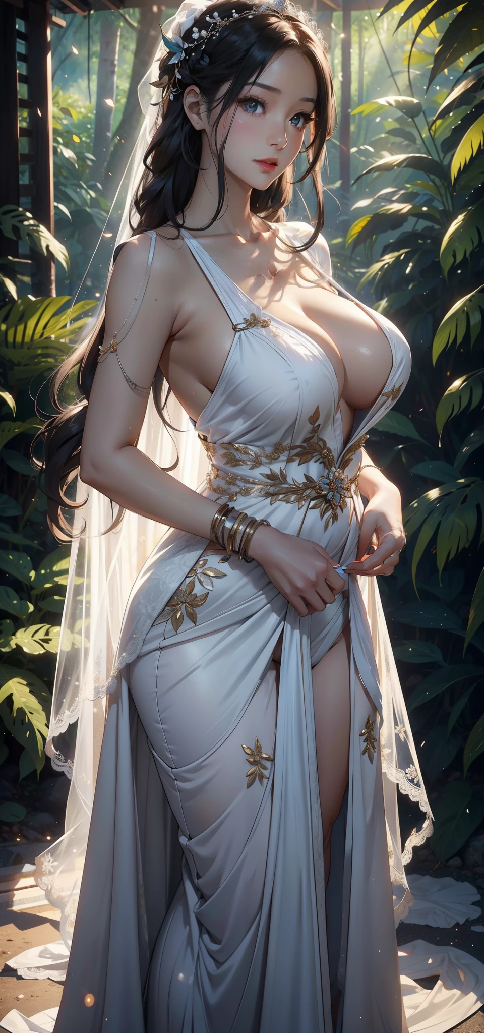 1female，45 yers old，Married woman，熟妇，Large breasts，long leges，big chest and thin waist， photo exposure， 独奏，（Background with：at a forest，the rainforest，in summer） She has long white hair，Redlip，Stand deep in the forest，seen from the front， hair straight，long, floated hair， The sky is mostly cloudy，（（（tmasterpiece），（Very detailed CG unified 8k wallpaper），Best quality at best，电影灯光，detailed back ground，beautidful eyes，Bright pupils，（very delicate beautiful），（Beautiful and detailed eye descriptions），ultra - detailed，tmasterpiece，）），facing at the camera，A high resolution，ultra - detailed），Naked of breast，a little bit chubby， Camel toes，the bride（dressed in：wedding gown，nakeness，）