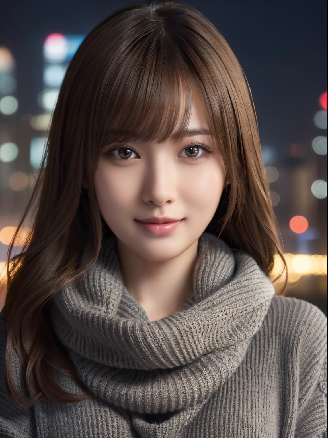 1 japanese girl,(Dark grey sweater:1.4),(wears a large muffler around his neck:1.2), (Raw photo, Best Quality), (Realistic, Photorealsitic:1.4), masutepiece, extremely delicate and beautiful, Extremely detailed, 8k wallpaper, amazing, finely detail, extremely detailed CG Unity, hight resolution, Soft light, Beautiful detailed 19 year old girl, extremely detailed eye and face, beautiful detailed nose, Beautiful detailed eyes,Cinematic lighting,city light at night,Perfect Anatomy,Slender body,Smiling  (hair messy, asymmetrical bangs, light brown hair,)