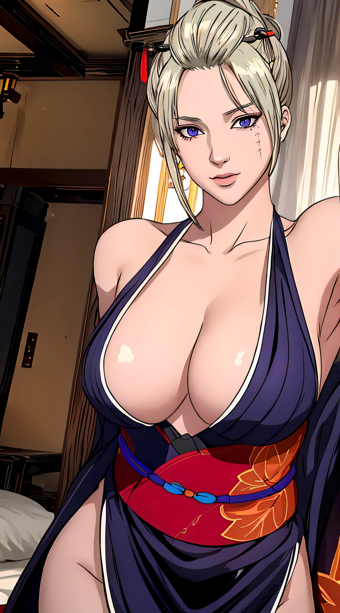 （（（There are scars on the face，Blonde hair, a purple eye, folded ponytail, hair adornments,Autumn leaves pattern kimono, black kimono,Big crotch，S-shaped body:1.7））），((tmasterpiece)),A high resolution, ((Best quality at best))，tmasterpiece，top-quality，Best quality，（（（ exquisite facial features，looking at viewert,There is light in the eyes，Smilingly，Self-confident ））），（（（Light and shadow interlace，bigger））），（（（dynamicposes, 1 girl, (complete figure:0.9), Alone,, sexy women,Body contours，Raised sexy，Realistic silhouette of human body， ((good body)),the girl poses for a photo，Full body lesbian，24 years old female model，perfect foot、have perfect arms)）））