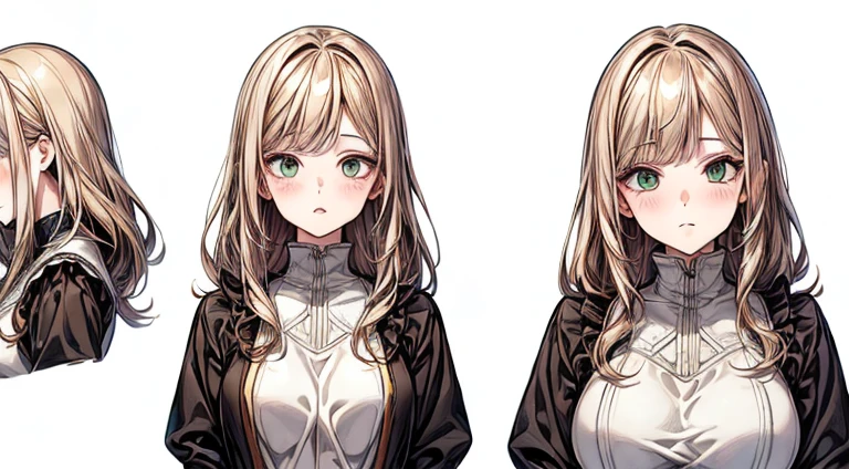 ((Masterpiece)),(((Best Quality))),(Character design sheet,same character,front,side,backboob), Cute girl background sheet, Long dark brown hair, with bangs, Peekaboo blonde hair, Green eyes, Korean cute fashion short skirt , Detailed Face, Detailed hair, (Simple background, whitebackground: 1.3), ((Masterpiece)),(((Best Quality))),(Character design sheet,same character,front,side,backboob), Cute girl reference sheet, Long dark brown hair, with bangs, Peekaboo blonde hair, Green eyes, Korean cute fashion short skirt clothing , Detailed Face, Detailed hair, (Simple background, whitebackground: 1.3)