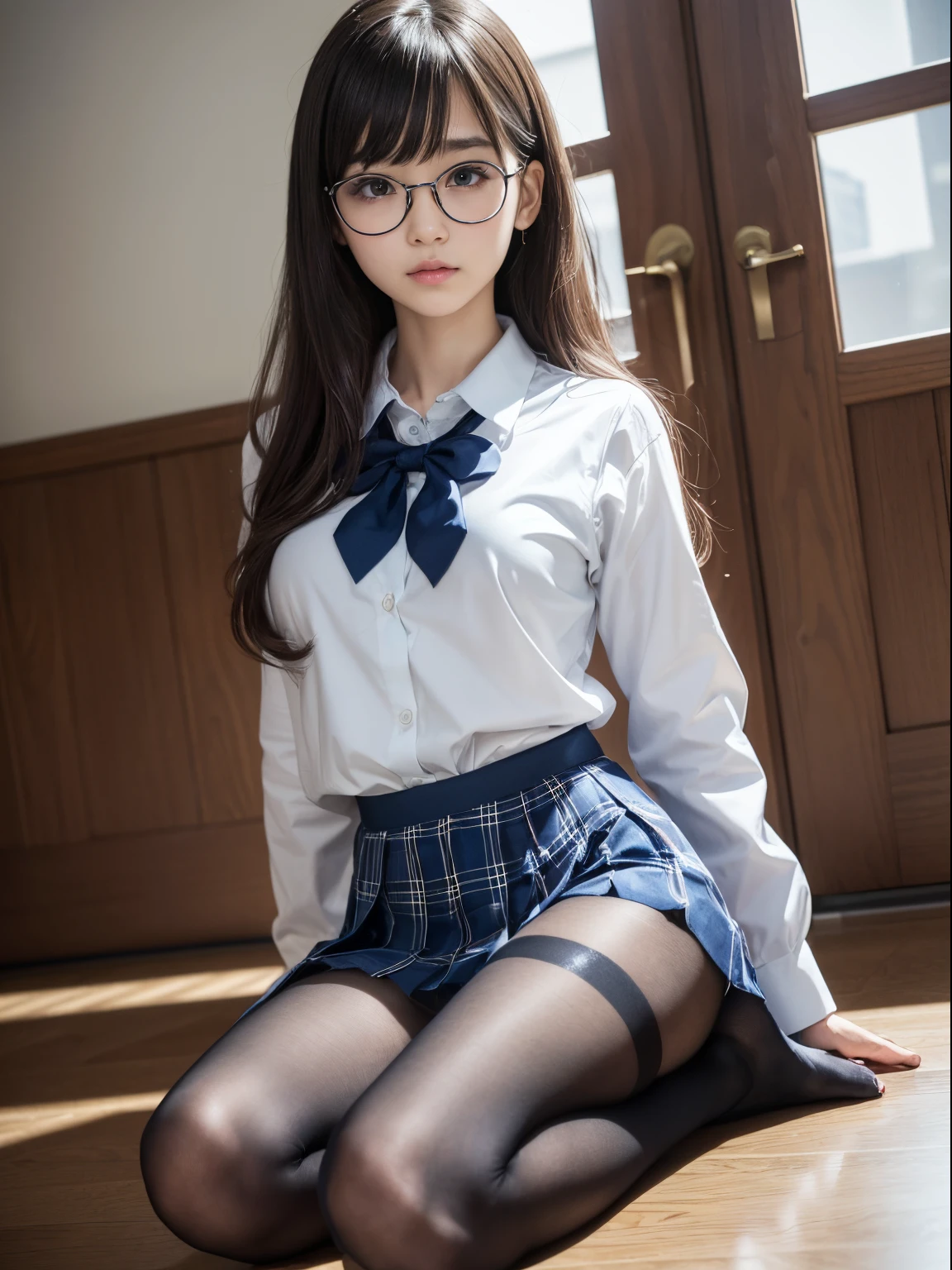 (Underwear is visible)、((Narrow-eyed))、((Narrow-eyed))、((Narrow-eyed))、(8K、Raw photography、top-quality、masterpiece:1.2),、Has a small、(flat breast)、(flat breast)、(flat breast)、(flat breast)、(flat breast)、(being thin)、light skinned、skin whitening、Dark look、Rasping,glamor,Chromo-white skin,cocky,School,watching at viewers,Looking at the front,Muchimuchi,High-pitched clothing,Erotic,Pupils,de pele branca,kne,((Black pantyhose)),absurderes,a small face,,Forehead visible,Bangs hanging from the left and right sides of the forehead,(a cold expression,Tight eyes,glares,Bullish,irate)、masterpiece,top-quality、超A high resolution,Raw photo,ren,Beautiful fece,One Person, 独奏,eye glass,,Dark look,Small breasts,fullllbody,Round glasses,JK school uniform,hi-school girl,A Japanese Lady,is standing,(Photorealsitic:1.37)、Photon mapping,Realistic、Beautie,Cute little face,Brown-eyed、Black socks、(Red bow tie)、Radio City、Physically Based Rendering、depth of fields、Blurry background、a picture,Body,beauty legs, Long legs, Thin leg,(Bangs are visible), hair, s lips, Blue_The eye, nosesoft,(Light blue shirt), (Navy and blue and white plaid pleated skirt), Knees are visible,Sheer clothing,, Thigh, Black cotton socks,Nogizaka Idol, 女優, Japanese ido