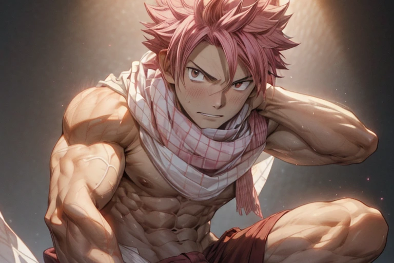 masterpiece, best quality red eyes, game cg, 1boy naked and V-Line body, solo, male focus, (looking at viewer), upper body natsu_dragneel Natsu Dragneel, pink hair, brown eyes, shirtless naked, ((white scarf:1.2)), toned muscle pectorals, 8 abs, toned legs, legs, slightly bulged,  detailed, spotlighting, spotlight, black background of photo studio