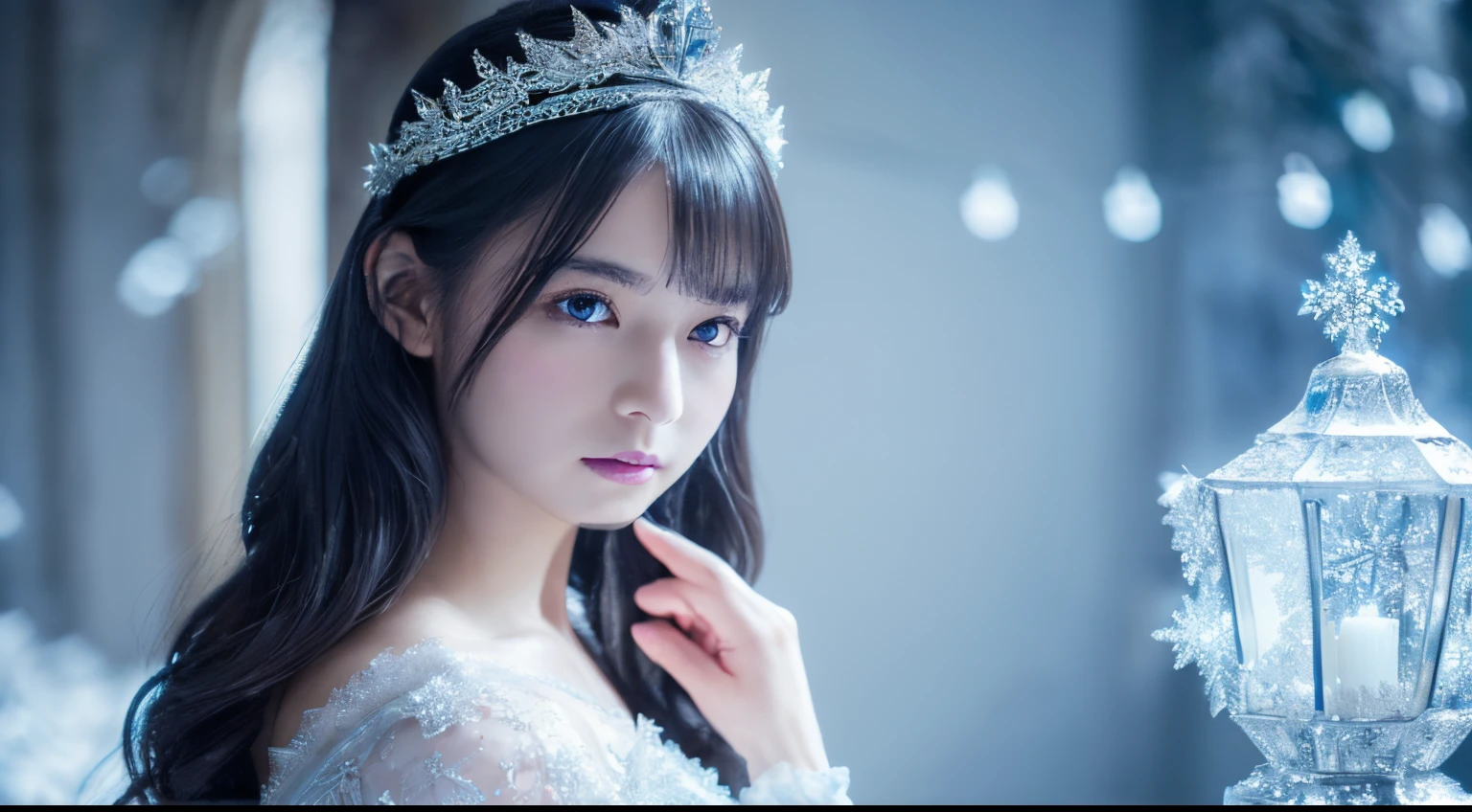 (a fair-skinned girl, Dark hair, And the crown),(Beautiful detailed eyes, Beautiful detailed lips),(long eyelashes),speculum,Evil Queen,An enchanted forest,Magic),(frost and snowflakes),(Shimmering crystal armor and icy blue gown),(Mysterious atmosphere),(Portrait),(Dramatic Lighting),(subtle color palette),(soft and elegant style),(Snowy landscape),(majestic castle in the distance),(Delicate lace details),(magic mirror that reflects the queen&The true picture),(elegant and calm pose),(Subtle hints of darkness and evil),(Sublime and seductive),(extremely detailed and lifelike),(Ultra-detailed:1.2),(Professional),(Vivid colors),12 year old girl、A slight smil