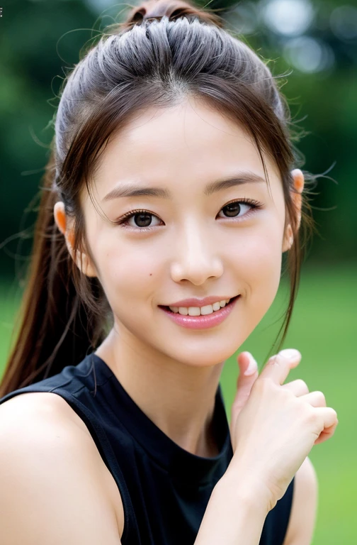 ( (8K:1.27), Best Quality, masutepiece, Ultra High Resolution:1.2) photo beautiful Japanese woman (Beauty:1.1)，Fashionable clothes，a smile，Fantasy, detail, Geometry, Gradient lighting, 1girl in, Delicate skin, Looking at the viewer, Brown eyes, (High Ponytail: 1.2), (medium breasts⁩: 1.0), (medium areola: 0.8), (Photorealistic:1.4), (Best Quality:1.0), (Ultra High Resolution:1.0), 8K, Raw photo, (masutepiece:0.2), (pureerosface_v1:0.5)