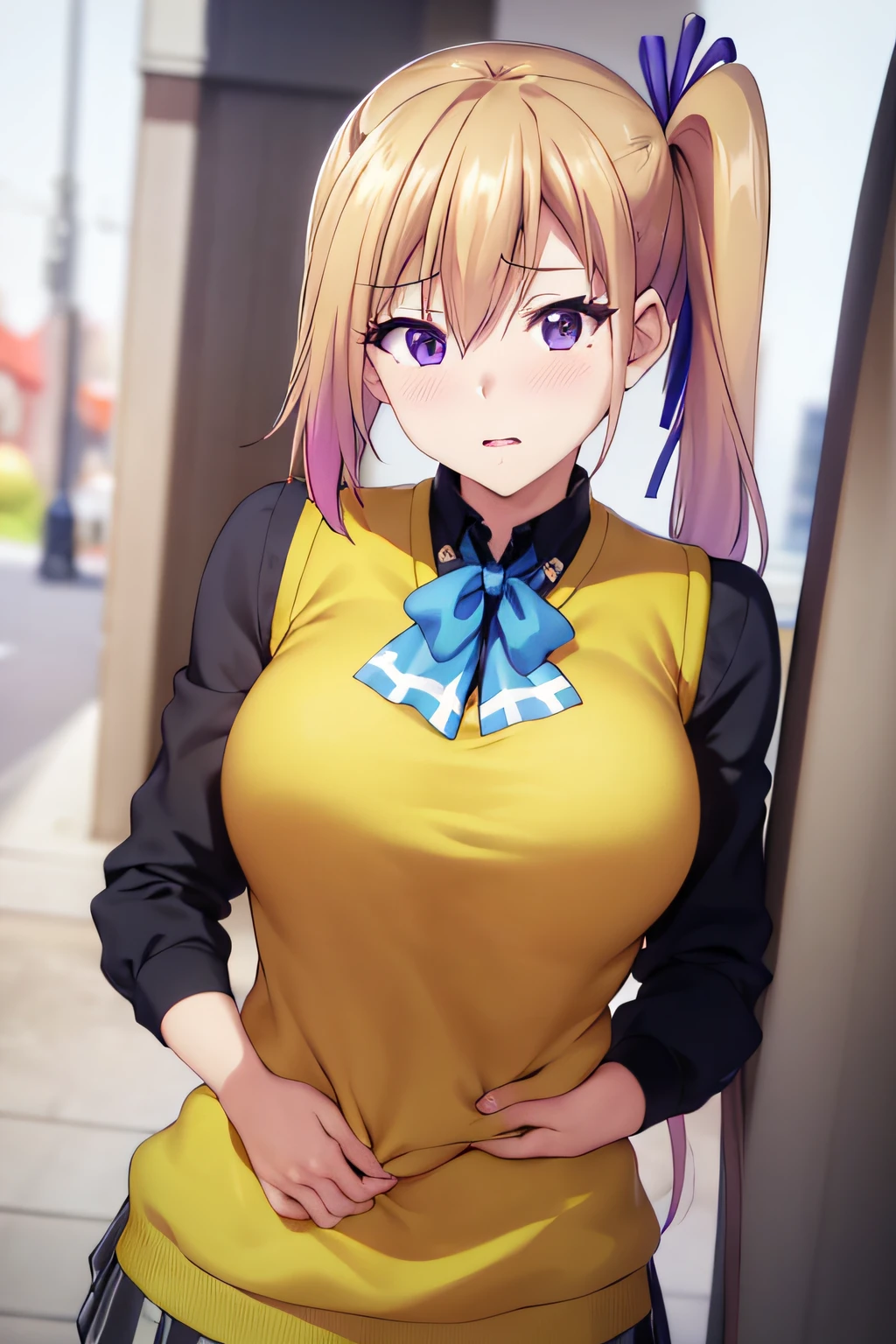 masterpiece, (best quality), 1woman,1girl ,1boy,,kawakami_mai,    blonde hair,  long hair, side ponytail,  purple eyes, sweater vest, school uniform ,   skirt, large breasts,ribbon, hair ribbon, mole under eye,sexy woman, embarrassed,blush,    vibrant colors ,,natural lighting  ,RTX,  , beautiful, (detailed face:1.2), showcase, (perfect eyes:1.1) ,(photorealistic:1.1), 8k uhd,  looking at viewer, outdoors,  simple backround