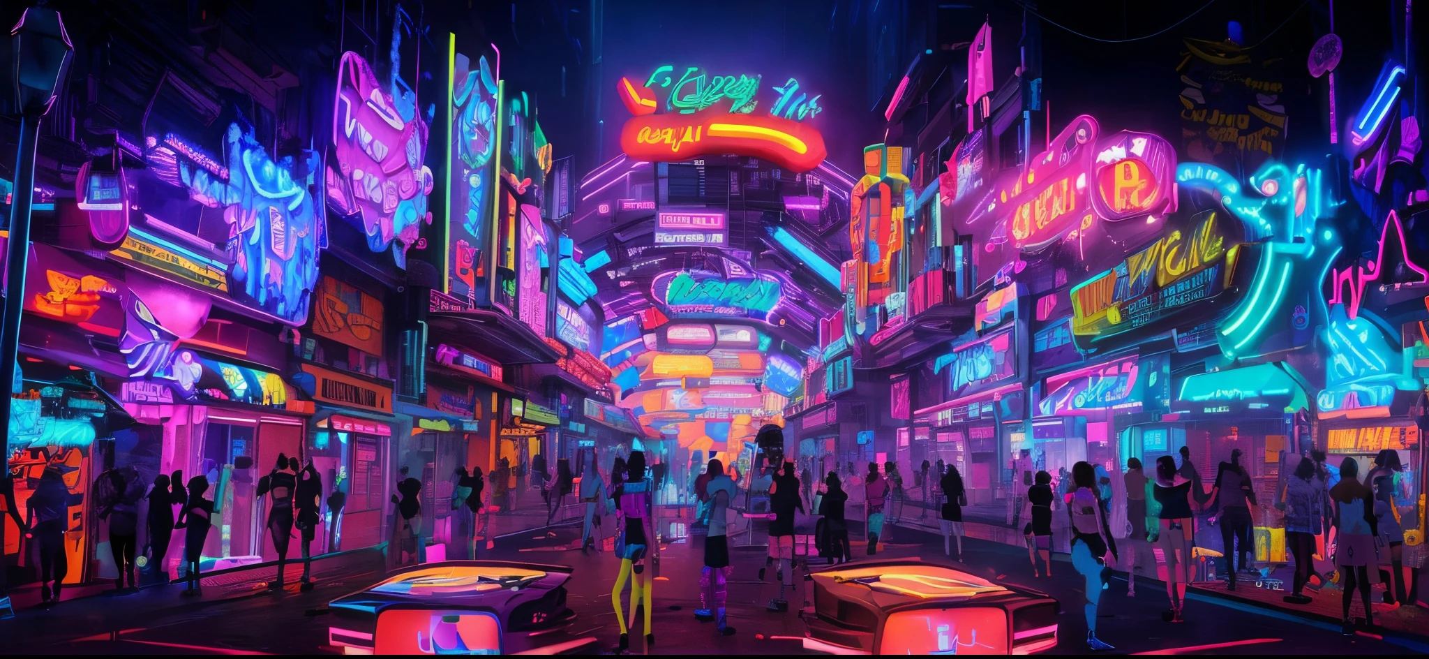A group of people standing around a shopping mall with neon lights, Neon glow concept art, Fantasy colorful cyberpunk colors, The bright colors of cyberpunk, theme is cyberpunk city market, Colorful concept art, Detailed neon cyberpunk city, Neon cyberpunk vibrant colors, night clubs and neons, Virtual universe concept art, cyberpunk neon lights, Cinematic neon matte painting, Neon rainy cyberpunk scene