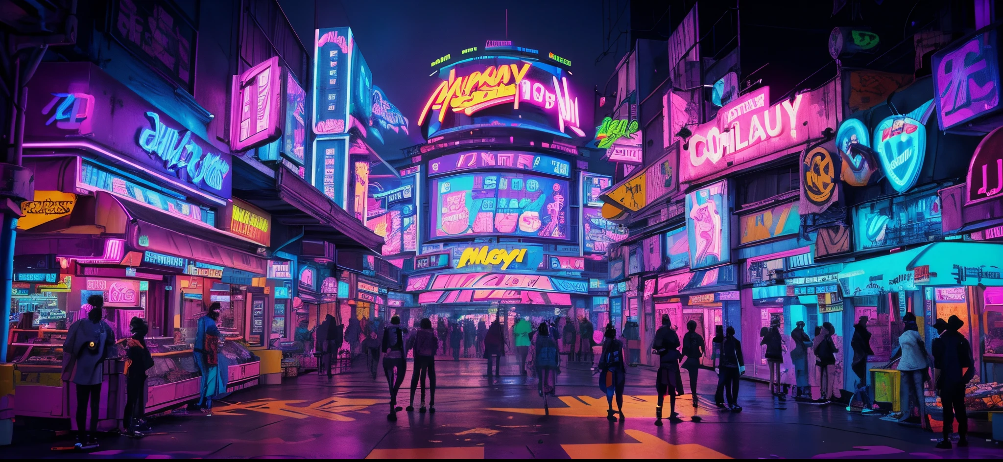 A group of people standing around a shopping mall with neon lights, Neon glow concept art, Fantasy and colorful cyberpunk colors, Cyberpunk bright colors, theme is cyberpunk city market, Colorful concept art, Detailed neon cyberpunk city, Neon cyberpunk vibrant colors, night clubs and neons, Virtual universe concept art, cyberpunk neon lights, Cinematic neon matte painting, Neon rainy cyberpunk scene,high qulity,ultraclear,4k