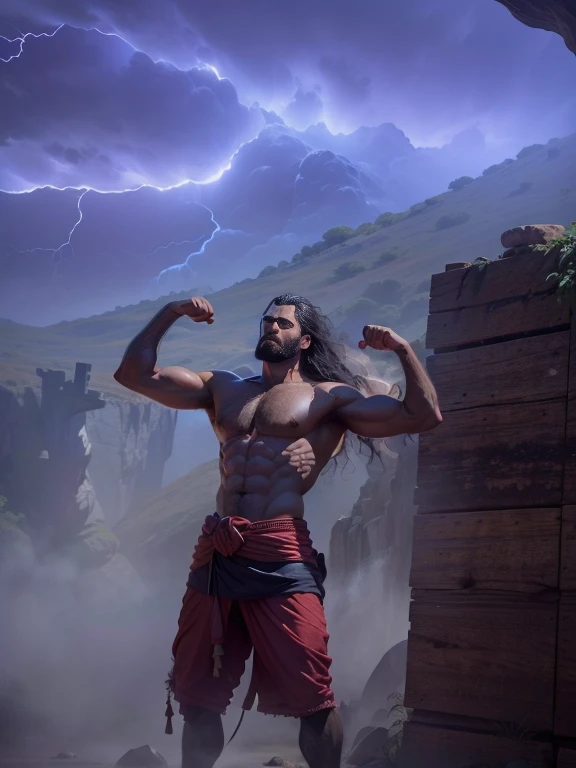 (best quality, master part:1.2), ultra-detalhado, Rosto detalhado, Realistic, fundo simples, FRED Barbarian man with black hair, messy hair, barba leve, fierce expression, strong build, olhar intenso, bulging veins on your neck, cinematic composition, fundo desfocado para criar profundidade, BREAK acorrentado em uma caverna, long messy hair, cabelos molhados, barba descuidada, suado, BREAK atmosfera sombria,soft, natural lighting emphasizing your features,Subtle shadows adding depth and dimension to the image,Photorealistic rendering,Efeito bokeh sutil no fundo,creating a sense of depth and focal point, dentro de uma caverna, fog and humidity, campo profundo