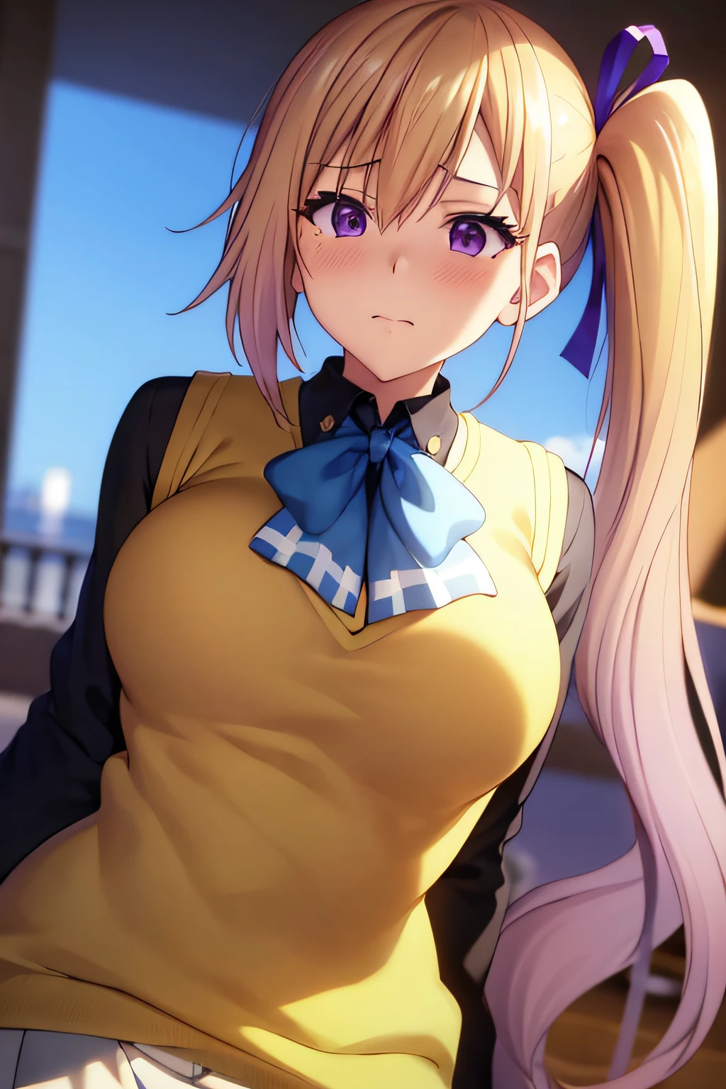 masterpiece, (best quality), 1woman,1girl ,1boy,,kawakami_mai,    blonde hair,  long hair, side ponytail,  purple eyes, sweater vest, school uniform ,   skirt, large breasts,ribbon, hair ribbon, mole under eye,sexy woman, embarrassed,blush,    vibrant colors ,,natural lighting  ,RTX,  , beautiful, (detailed face:1.2), showcase, (perfect eyes:1.1) ,(photorealistic:1.1), 8k uhd,  looking at viewer, outdoors,  simple backround