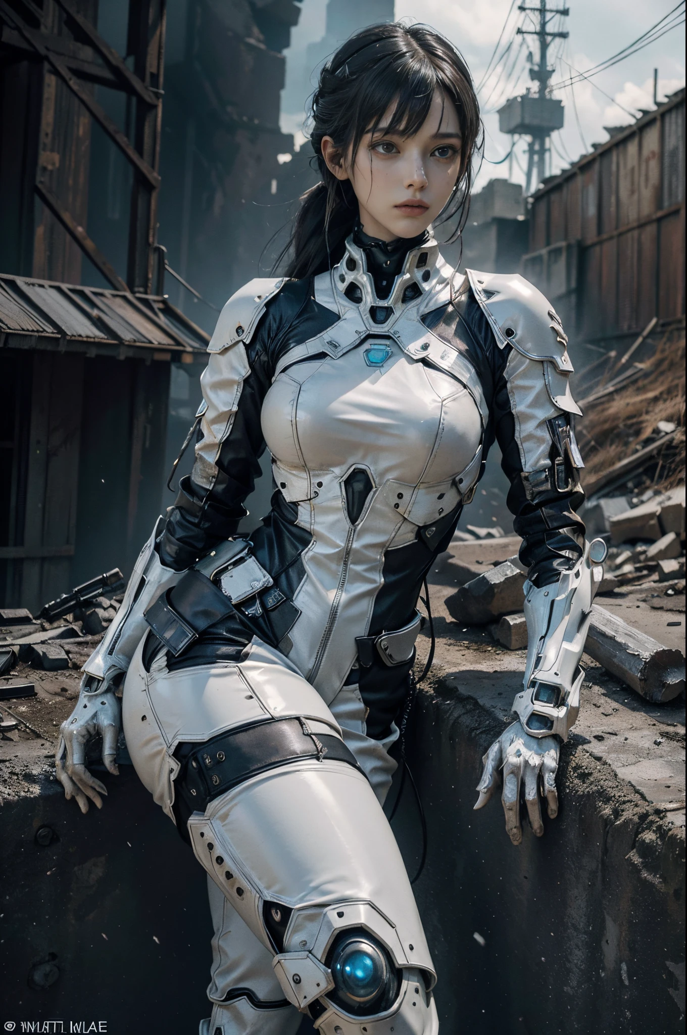 jean giraud, post-apocalyptic wastelands, (femele, techwear Stylish but extremely beautiful:1.4),White tight mecha (Complicated details, tmasterpiece, Best quality:1.4) , Nikolai Samori's style, dystopians style, desolated, Post-apocalyptic days, Melancholic, theatrical, The content is very detailed, looking at viewert, dynamicposes, Dynamic camera angle,