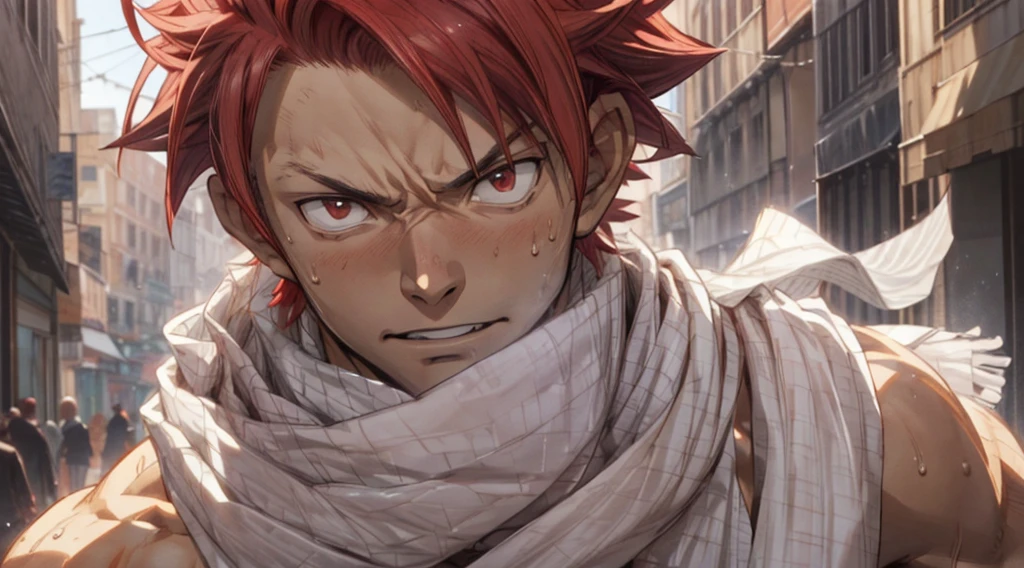 masterpiece, best quality red eyes, game cg, 1boy naked and V-Line sweating, solo, male focus, (looking at viewer), upper body open shirt, natsu_dragneel Natsu Dragneel, vibrant hair, brown eyes, open shirt ((white:1.2, scarf:1.2)), toned muscle sweating, pectorals, 8 abs, slightly bulged,  detailed, good lighting, well lit, cityscape in background