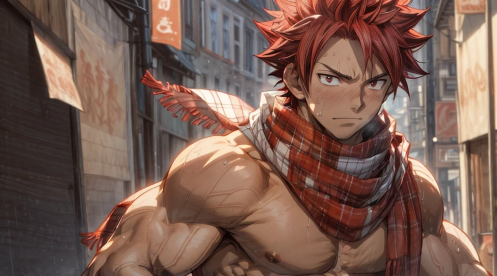 masterpiece, best quality red eyes, game cg, 1boy naked and V-Line sweating, solo, male focus, (looking at viewer), upper body open shirt, natsu_dragneel Natsu Dragneel, vibrant hair, brown eyes, open shirt ((white:1.2, scarf:1.2)), toned muscle sweating, pectorals, 8 abs, slightly bulged,  detailed, good lighting, well lit, cityscape in background