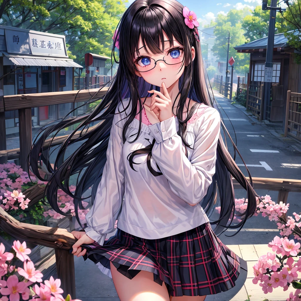 A dark-haired、blue eyess、one good looking girl、独奏、animesque、lightly dressed、Plaid miniskirt、flower petals、wetting hair、Black T-shirt、large tree、云、railroad crossing、Boken、耳环、pink colored glasses