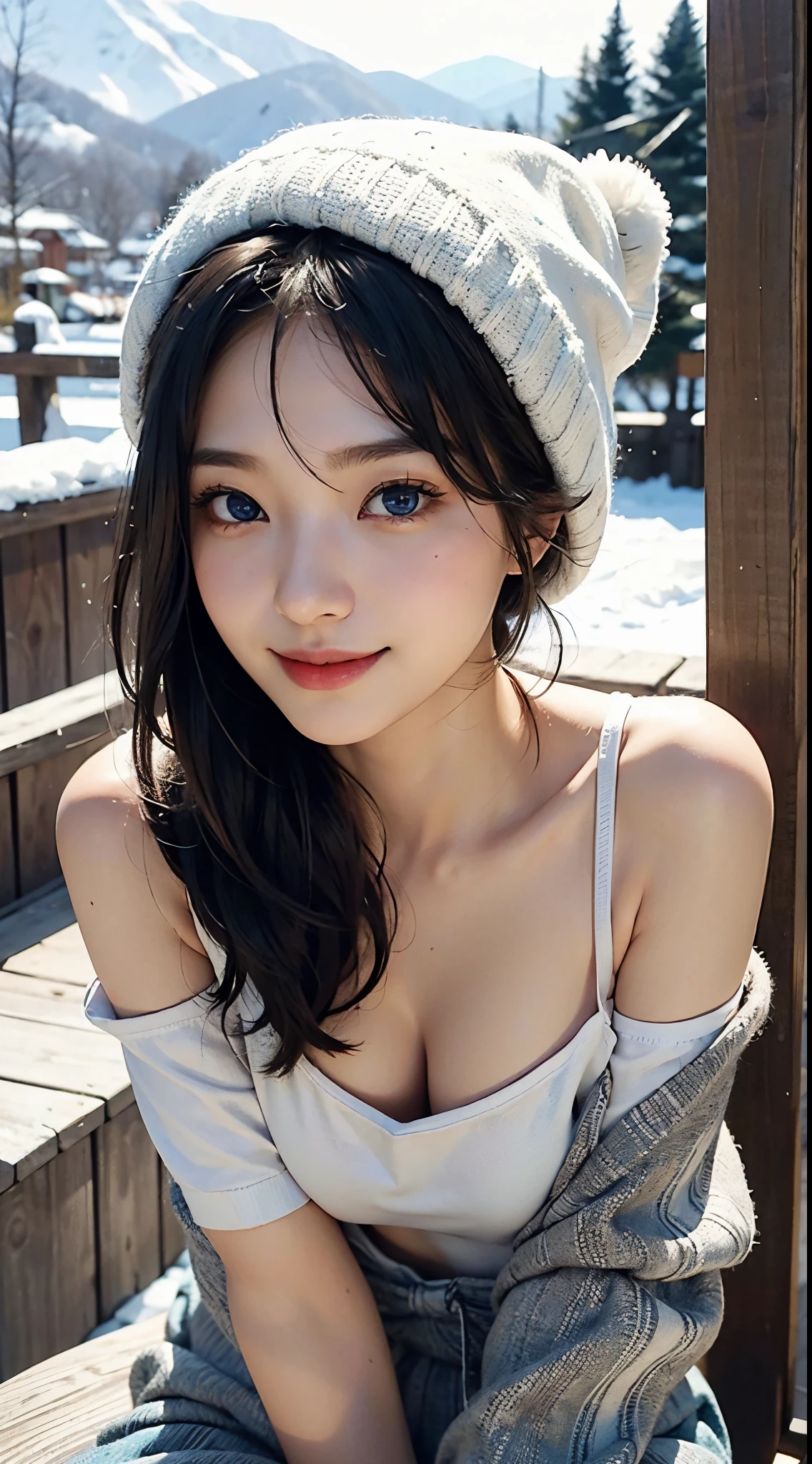 Beautie、8K、An ultra-high picture quality、japanes、1 woman around 20 years old、Black hair、short-cut、blue eyess、Beautiful face、A detailed face、Detailed eyes、realisticeyes、Detailed skin、realskin、Detailed hair strands、dishevled hair、disheveled hair、Slim body、Beautiful body、Nice style、middlebreasts、Soft looking、snowboard air、knit hat、inclined plane、((Hollow smile))、