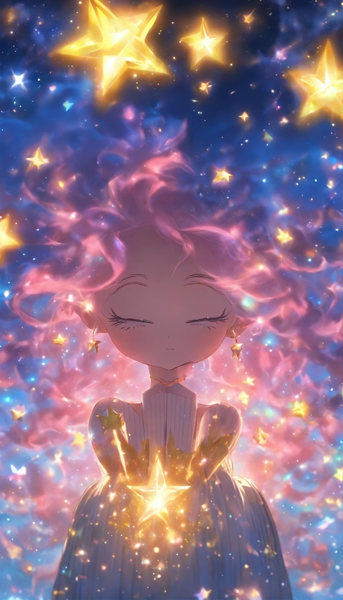 The hair is in the middle of the eyes, As estrelas\(signatures\), Purple curly hair, shinning eyes, Earrings jewelry necklace, witch woman, through bangs, Black shoes, scenecy, nigh sky, As estrelas\(sky sky\), starrysky, natta, clouds,Water magic,A girl at a shrine, faeries,((Beautiful golden crystal star))