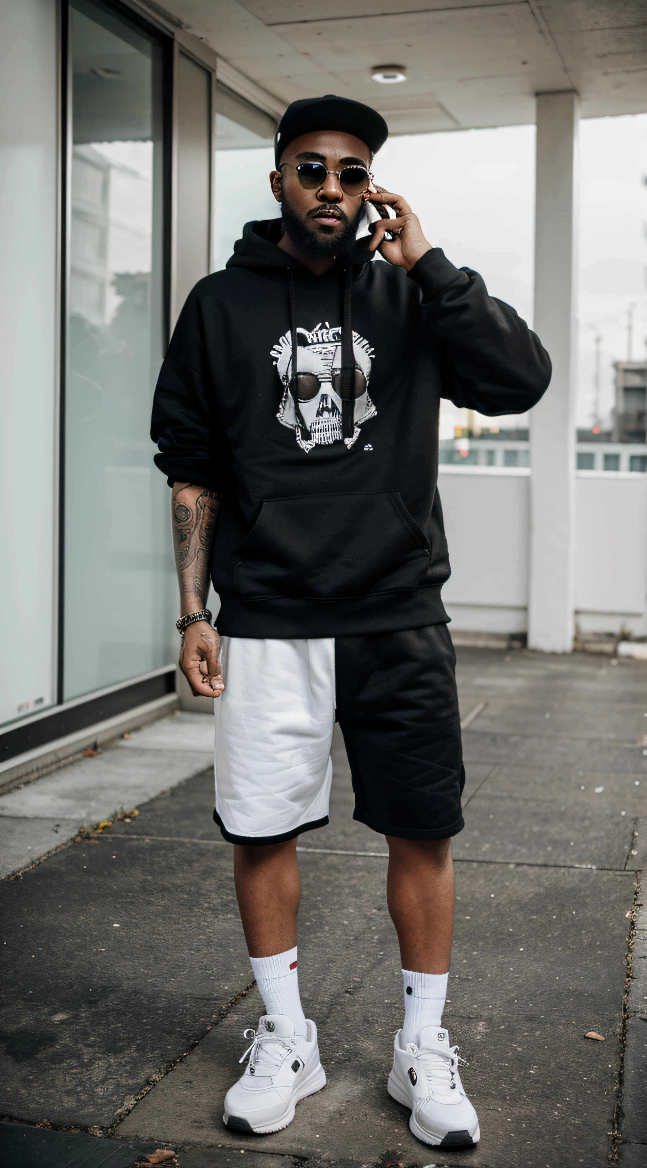 Homem rapper, with beard and sunglasses, osso, in black sweatshirt and white sneakers