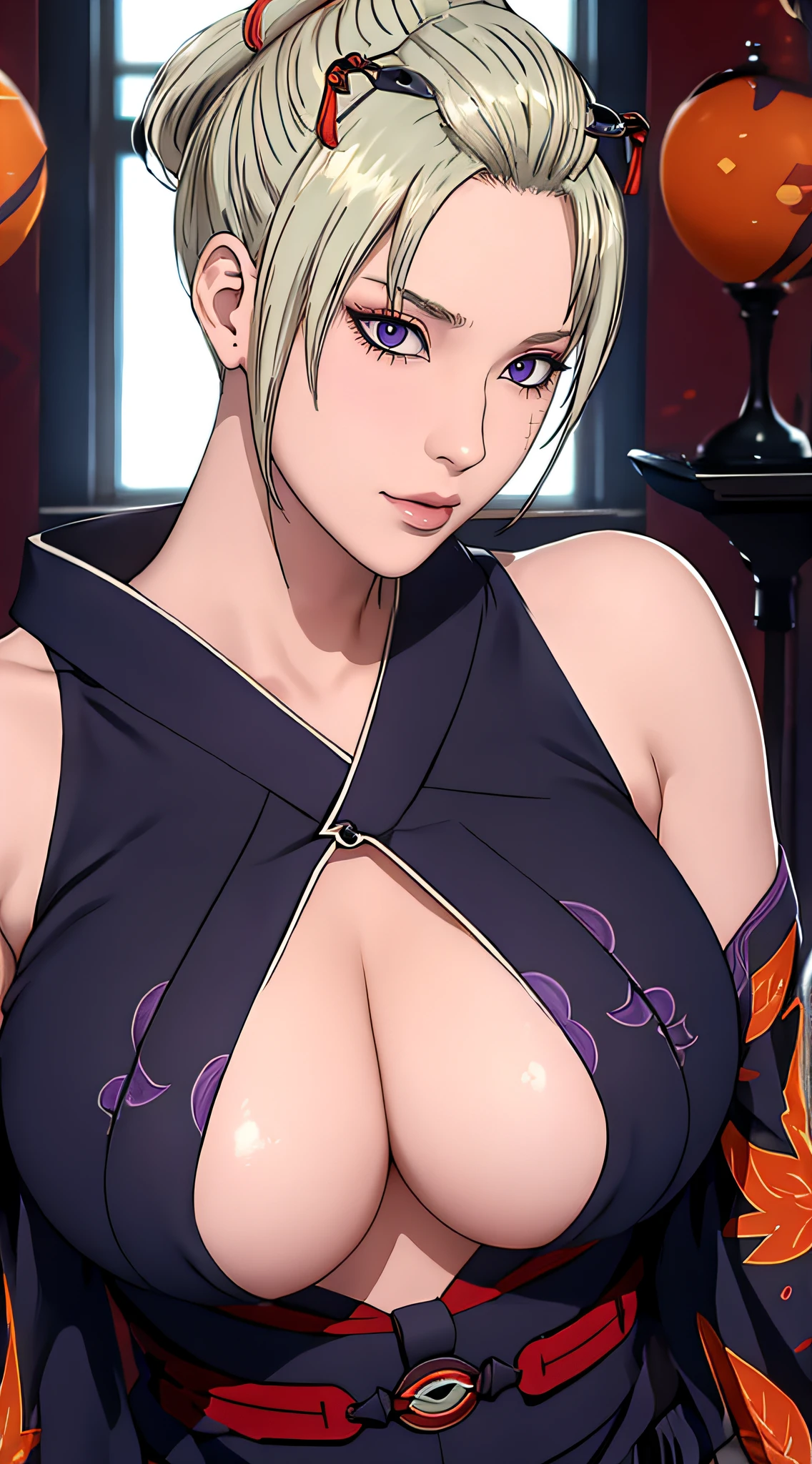 （（（There are scars on the face，Blonde hair, a purple eye, folded ponytail, hair adornments,Autumn leaves pattern kimono, black kimono,Big crotch，S-shaped body:1.7））），((tmasterpiece)),A high resolution, ((Best quality))，tmasterpiece，top-quality，Best quality at best，（（（ exquisite facial features，looking at viewert,There is light in the eyes，Smilingly，self-assured ））），（（（Light and shadow interlace，The large））），（（（dynamicposes, 1 girl, (complete figure:0.9), Alone,, sexy women,Body contours，Raised sexy，Realistic silhouette of human body， ((good body)),Girl posing for photo，Full body lesbian，24 years old female model，perfect foot、have perfect arms，Sitting on a man)）））