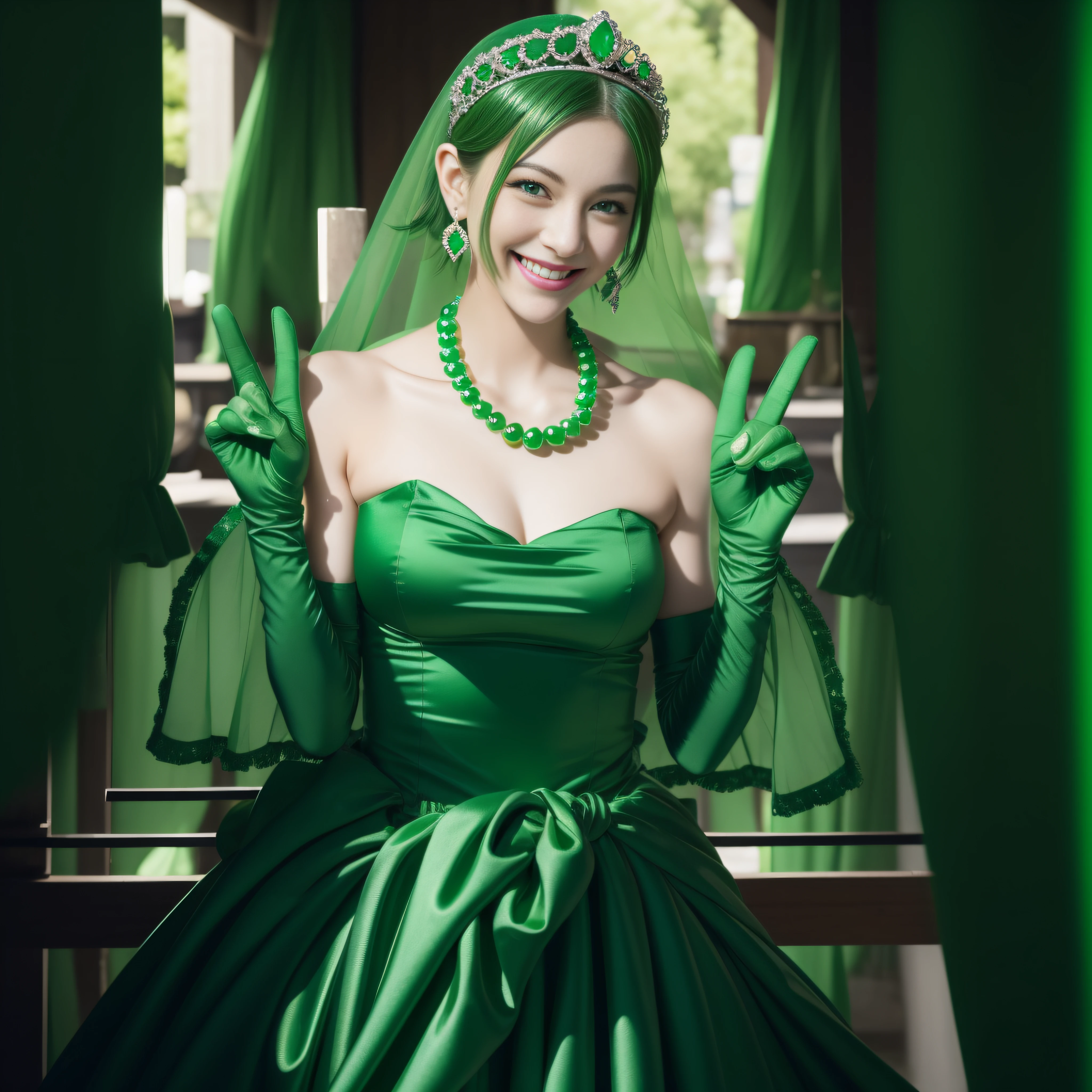 emerald tiara, Green Pearl Necklace, Boyish very short green hair, lipsticks, Japan woman smiling, very short short hair, big breasts beautiful, Green eyes, Long green gloves made of satin material, Green eyes, Emerald Earrings, green vale, v sign