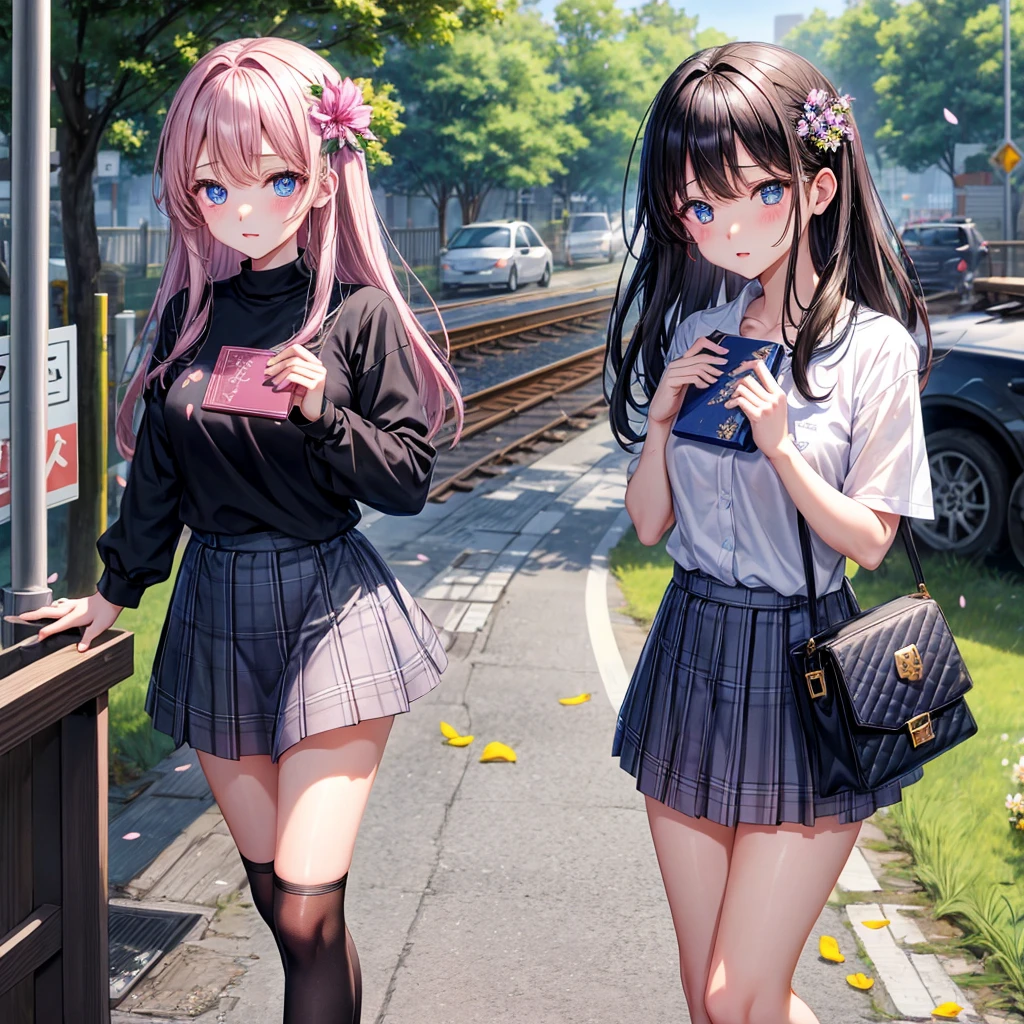 A dark-haired、blue eyess、one good looking girl、独奏、animesque、lightly dressed、Plaid miniskirt、flower petals、wetting hair、Black T-shirt、large tree、云、railroad crossing、Have a book、pink round ones