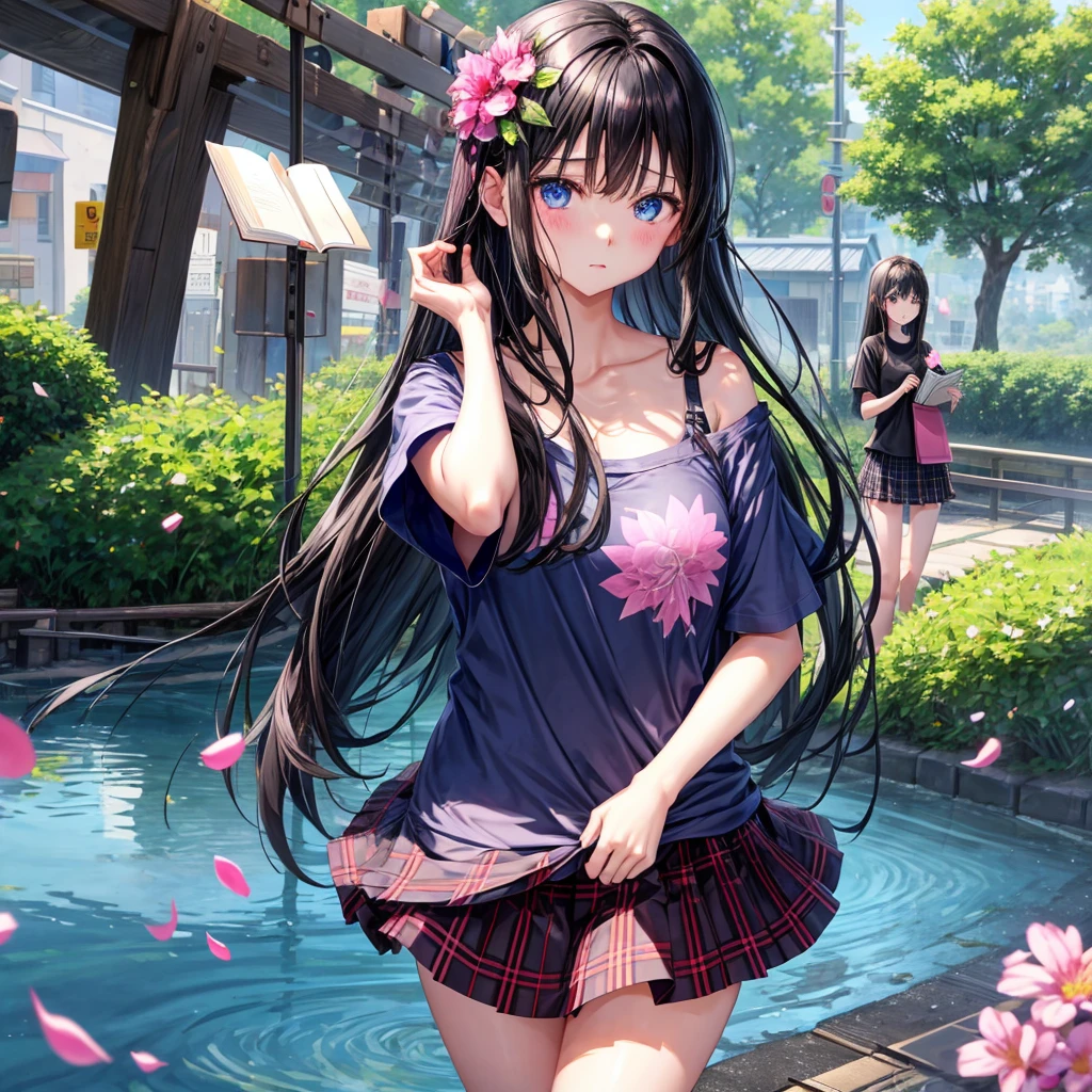 A dark-haired、blue eyess、one good looking girl、独奏、animesque、lightly dressed、Plaid miniskirt、flower petals、wetting hair、Black T-shirt、large tree、云、railroad crossing、Have a book、pink round ones