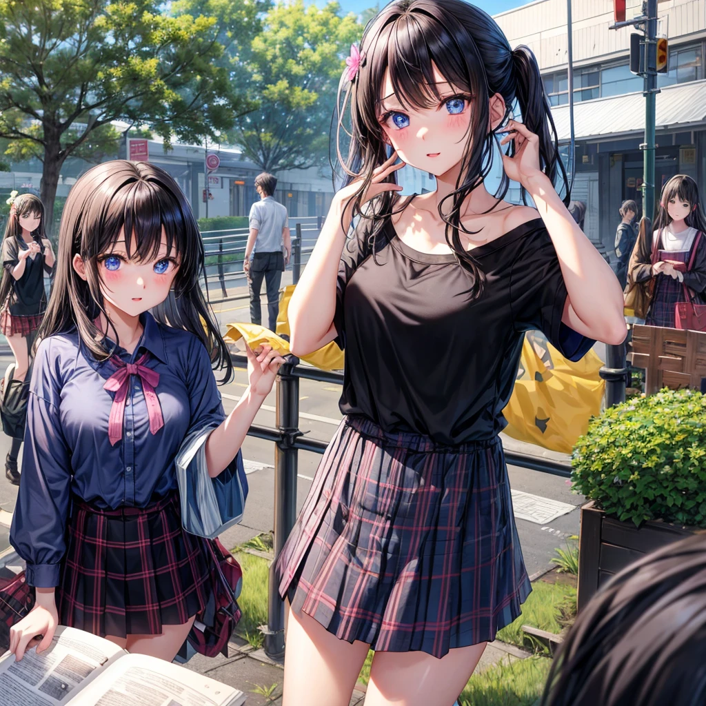 A dark-haired、blue eyess、one good looking girl、独奏、animesque、lightly dressed、Plaid miniskirt、flower petals、wetting hair、Black T-shirt、large tree、云、railroad crossing、Have a book、pink round ones