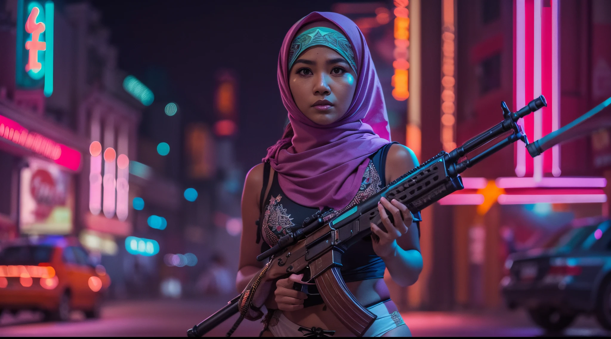 a malay women in underwear standing in front of a bustling crowded arab neon city street holding ak-47 rifle, arabic neon sign, night, serious face, nighttime, ultra detail , hyper - realistic photography, full body, 8k, close - up shot, extreme close - up photo