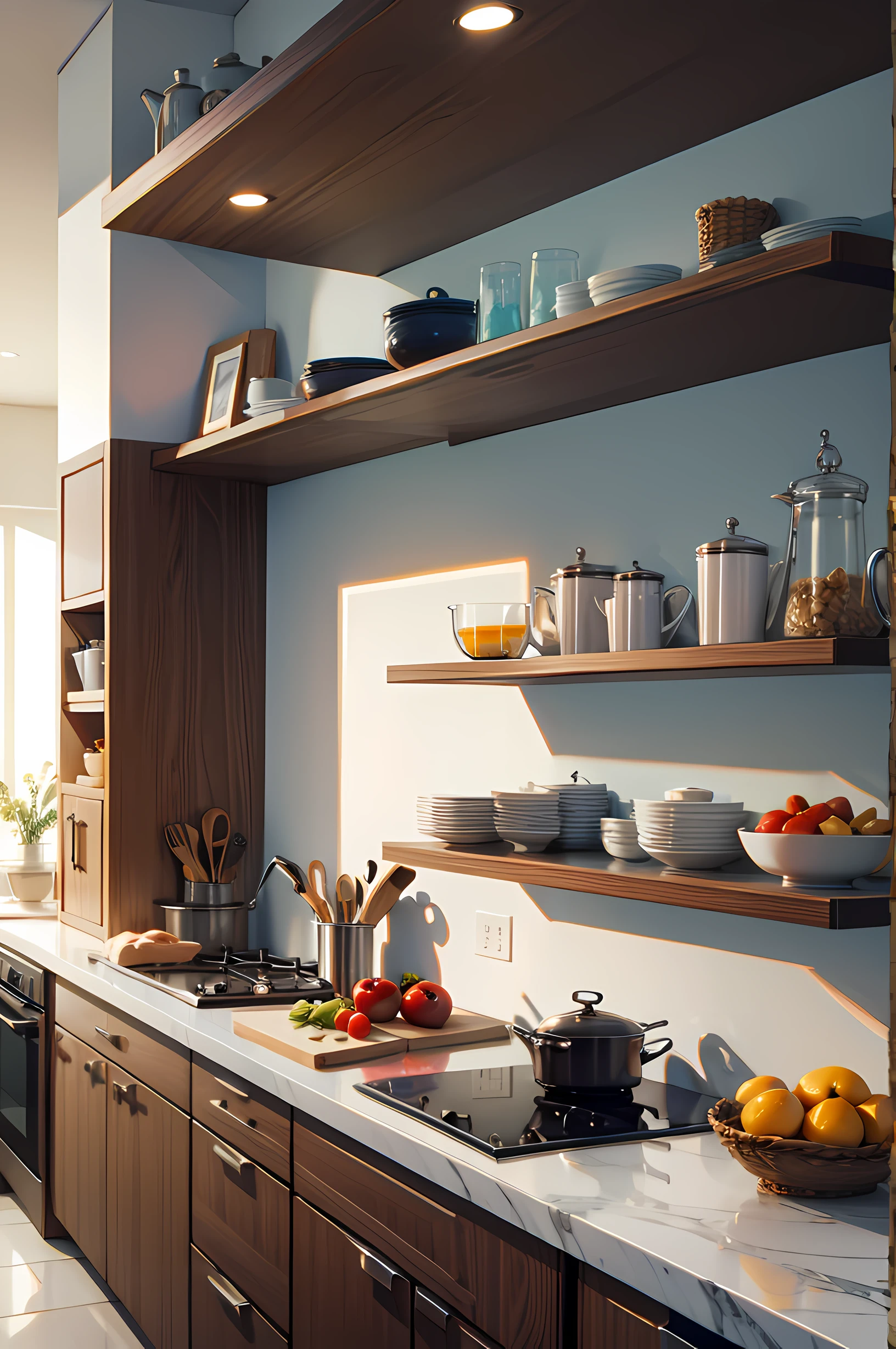 realistic, aesthetic kitchen with variety of food horizontal