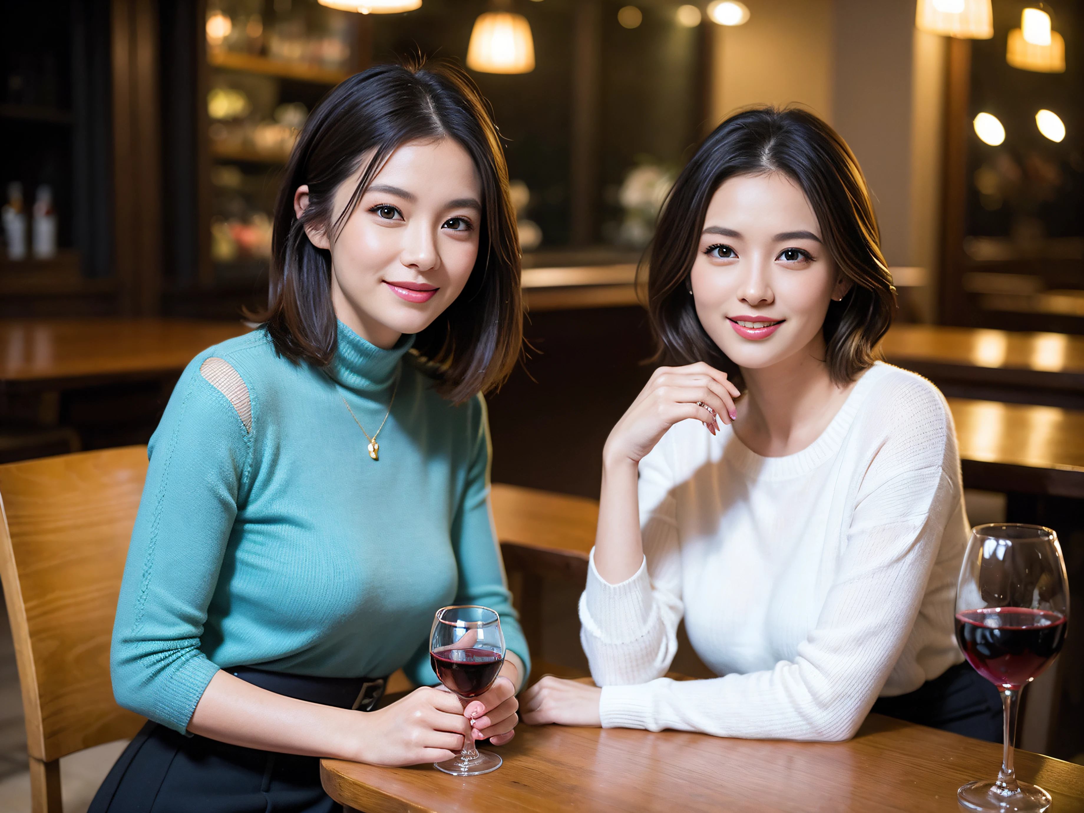 (64k uhd、nffsw、top-quality、masterpiece:1.2)、(realisitic、Photorealsitic:1.37)、ultra-detailliert、wine glasses、enjoying a glass of wine、a matural female、Two beautiful women、(Slim Faces)、(Slim body)、(brawn hair)、(short-cut)、smiling french woman、happy italian girl、British woman、Americana、blush a little on the cheeks、(38 years)、42 year old、red wine、Beautiful detailed urban night view outside the window、resturant、Wine glasses in a prominent place、natta、(from waist up)、sitting on、date、(A smile:1.15)、Beautiful fine eyes、bustup、Cashmere sweater、long-sleeved dresses、japanes、(short-hair:1.2)、Float NovaFrogStyle、女優、modeled、from waist up、white wine、Slimed、wine glasses、Super beautiful night view、Put the wine glass in the middle、Happy smile、(8K、Raw photography、top-quality、masterpiece:1.2)、(realisitic、Photorealsitic:1.37)、ultra-detailliert、超A high resolution、2 females、see the beholder、beautifull detailed face、A smile、Constriction、(Slim waist) :1.3)、knit shirt、Beautiful detailed skin、Skin Texture、floated hair、profetional lighting、middlebreasts、eyes gentle