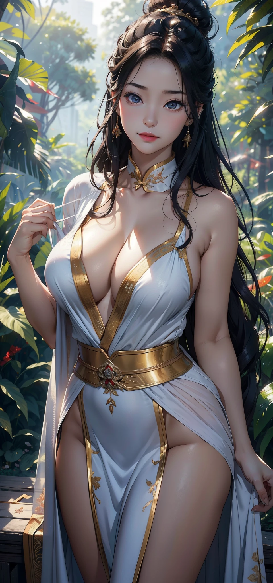 1female，45 yers old，Married woman，熟妇，Large breasts，long leges，big  and thin waist， photo exposure， 独奏，（Background with：at a forest，the rainforest，in summer） She has short black hair，hair-bun，Redlip，Stand deep in the forest，seen from the front， hair straight，long, floated hair， The sky is mostly cloudy，（（（tmasterpiece），（Very detailed CG unified 8k wallpaper），Best quality at best，电影灯光，detailed back ground，beautidful eyes，Bright pupils，（very delicate beautiful），（Beautiful and detailed eye descriptions），ultra - detailed，tmasterpiece，）），facing at the camera，A high resolution，ultra - detailed），Naked of breast，a little bit chubby， Camel toes，Chinese Bride（dressed in：Red cheongsam，Gold wire embroidery，nakeness，）