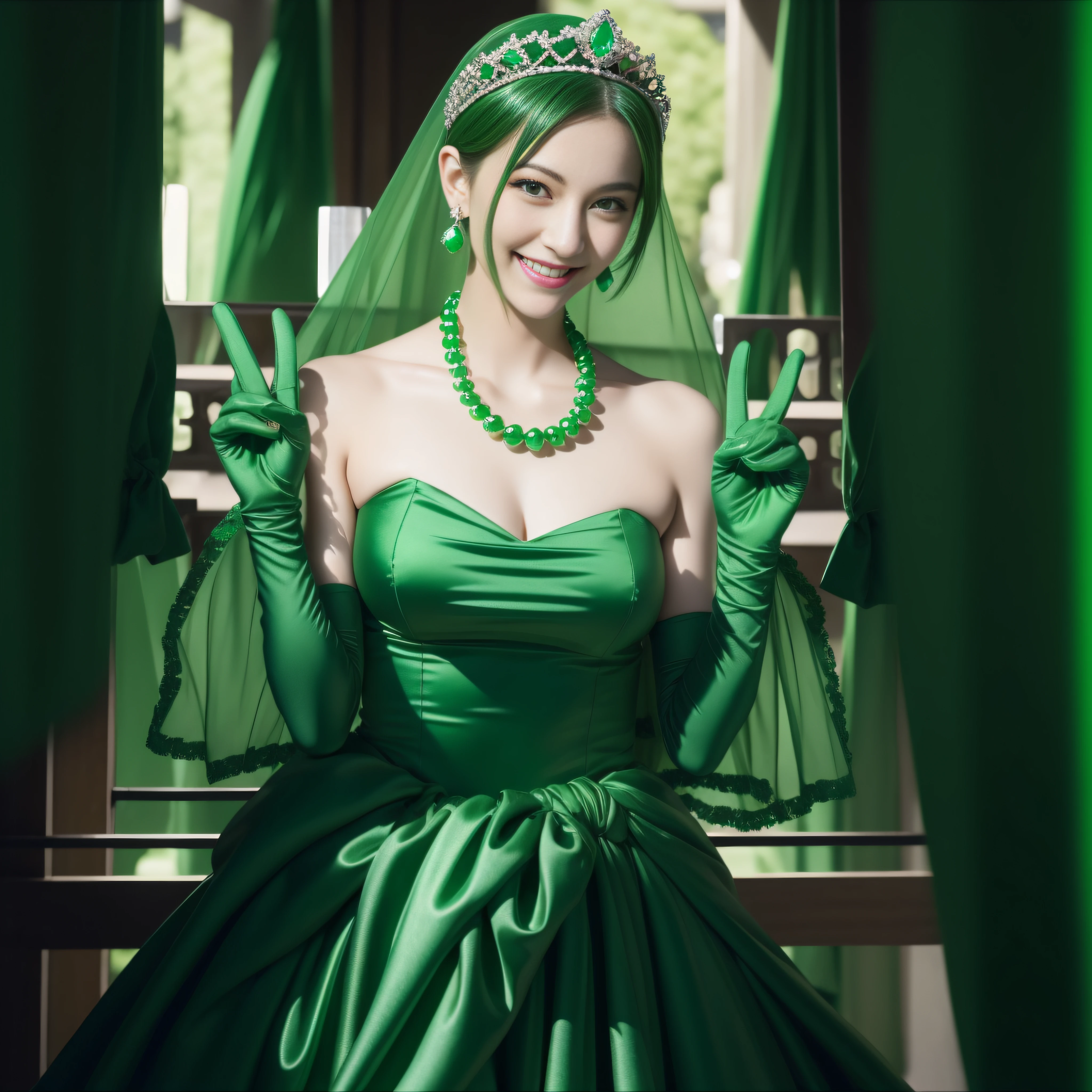 emerald tiara, Green Pearl Necklace, Boyish very short green hair, lipsticks, Japan woman smiling, very short short hair, big breasts beautiful, Green eyes, Long green gloves made of satin material, Green eyes, Emerald Earrings, green vale, v sign