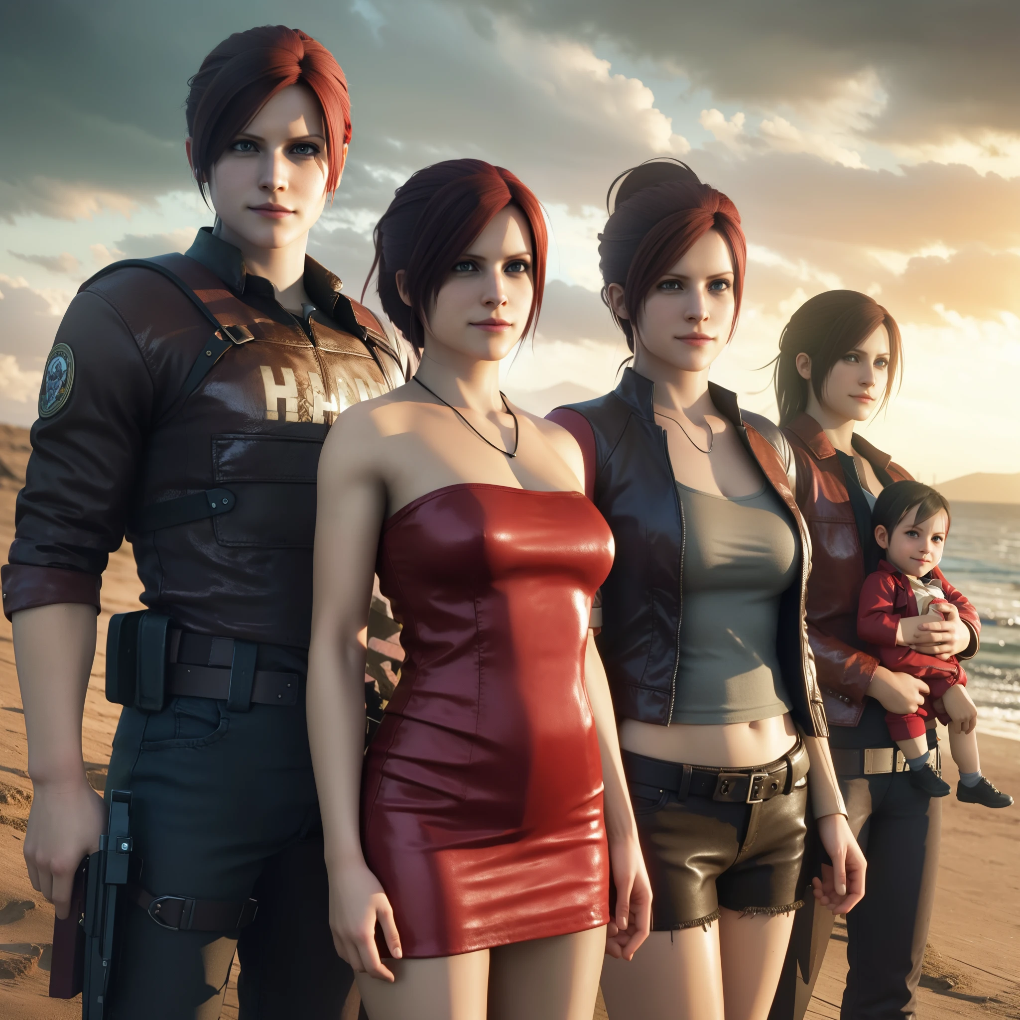 Claire Redfield, woman, wearing ref jacket with, cool, little smile expression, red long hair