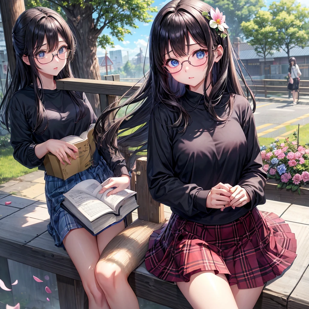 A dark-haired、blue eyess、one good looking girl、独奏、animesque、lightly dressed、Plaid miniskirt、flower petals、wetting hair、Black T-shirt、large tree、云、railroad crossing、Open a book、pink lens glasses