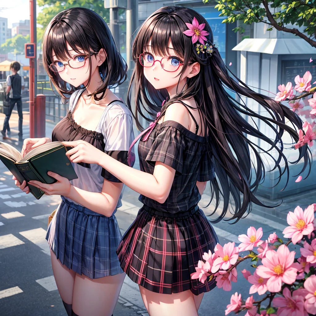 A dark-haired、blue eyess、one good looking girl、独奏、animesque、lightly dressed、Plaid miniskirt、flower petals、wetting hair、Black T-shirt、large tree、云、railroad crossing、Open a book、pink lens glasses