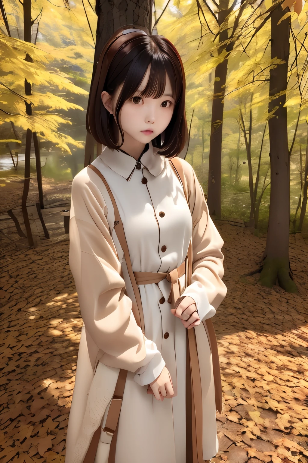 masuter piece、独奏、 woman、a short bob、Natural color clothing、Natural look、top-quality、ultra-detailliert、High quality detailing、8k、Colored leaves:1.5、deep autumn forest、Tree leakage day、Silence
