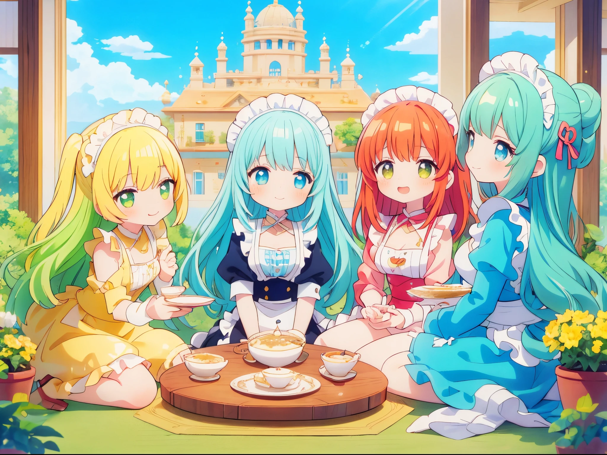 (((masterpiece))), (((best quality))), ((ultra-detailed)), (illustration), ((an extremely delicate and beautiful)), Fun tea ceremony、Multiple girls, 4 girls, Smiling, embarrassed, deadpan, Trembling eyes, Blue hair, Red hair, Yellow hair, Green hair, Colorful, maid, Maid Catsuit, Lolita, Lolita, Girl, oppai loli, cleavage, Big eyes, Cute type, plein air, Blue sky, Cowboy Shot, Side by side, looking in camera, Fun atmosphere, Bright, glinting, A scene from the anime, Anime, Nature, flower, The tree々Sunlight coming in from between